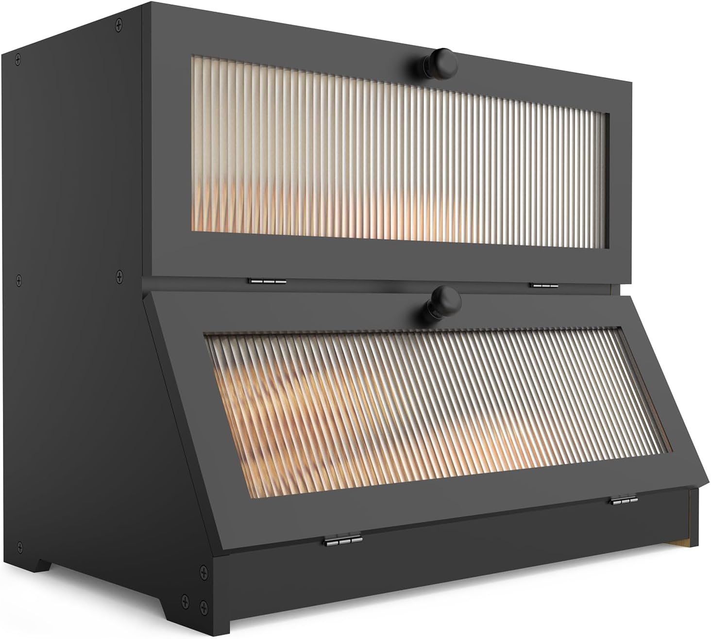 Double Layer Bamboo Bread Box for Kitchen Counter - Large Capacity Bread Storage Container with Clear Window, Easy Assembly, Farmhouse Style Bread Holder (Black)