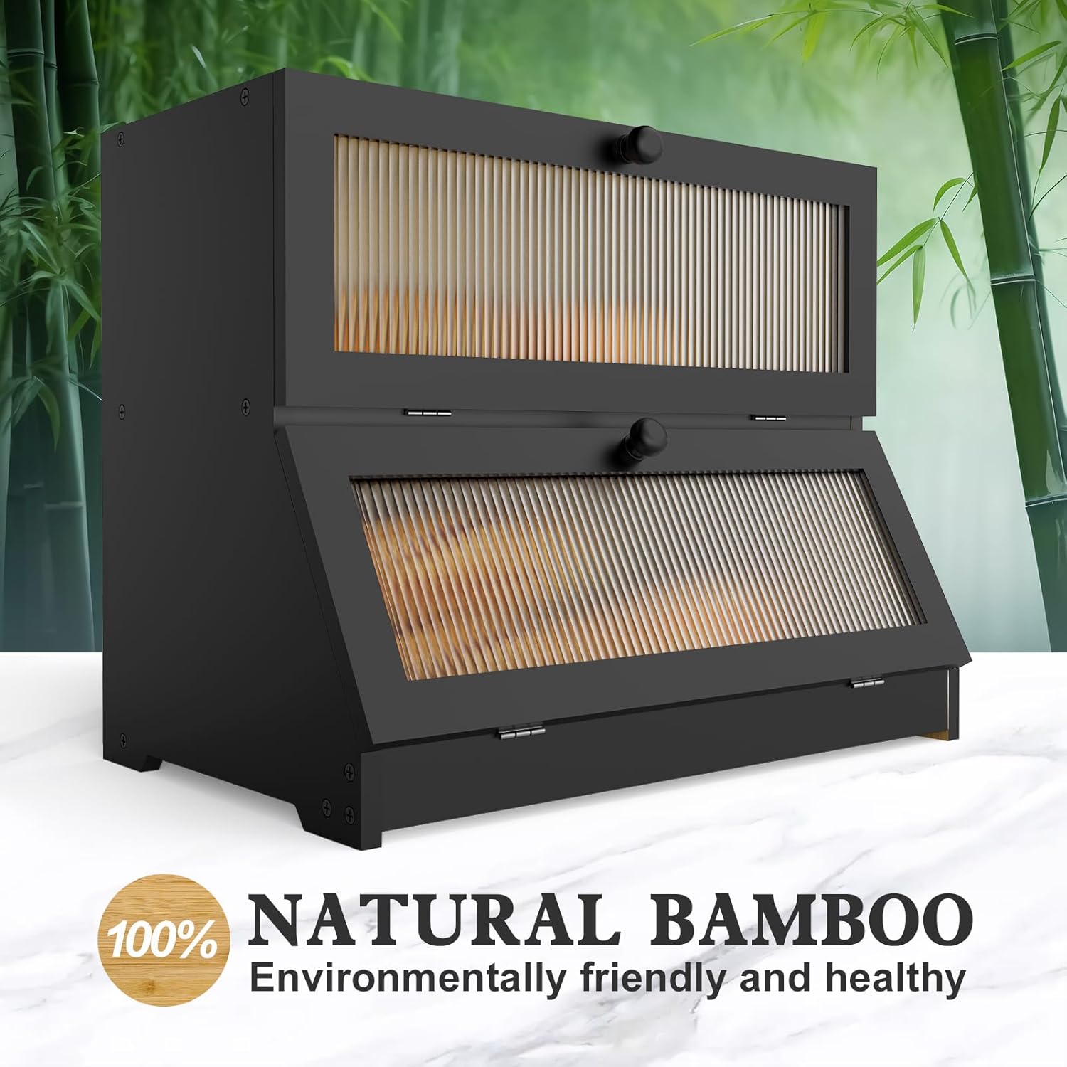 Double Layer Bamboo Bread Box for Kitchen Counter - Large Capacity Bread Storage Container with Clear Window, Easy Assembly, Farmhouse Style Bread Holder (Black)