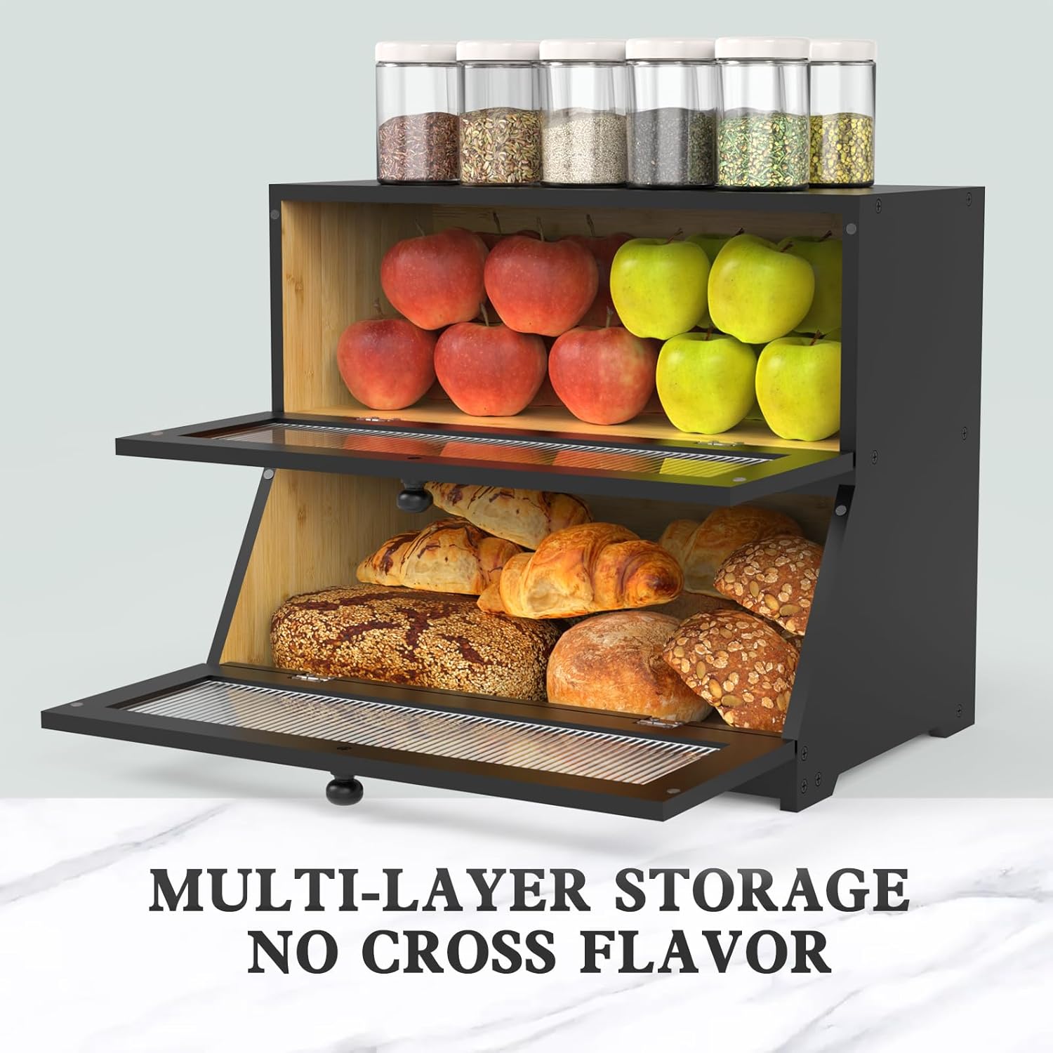 Double Layer Bamboo Bread Box for Kitchen Counter - Large Capacity Bread Storage Container with Clear Window, Easy Assembly, Farmhouse Style Bread Holder (Black)