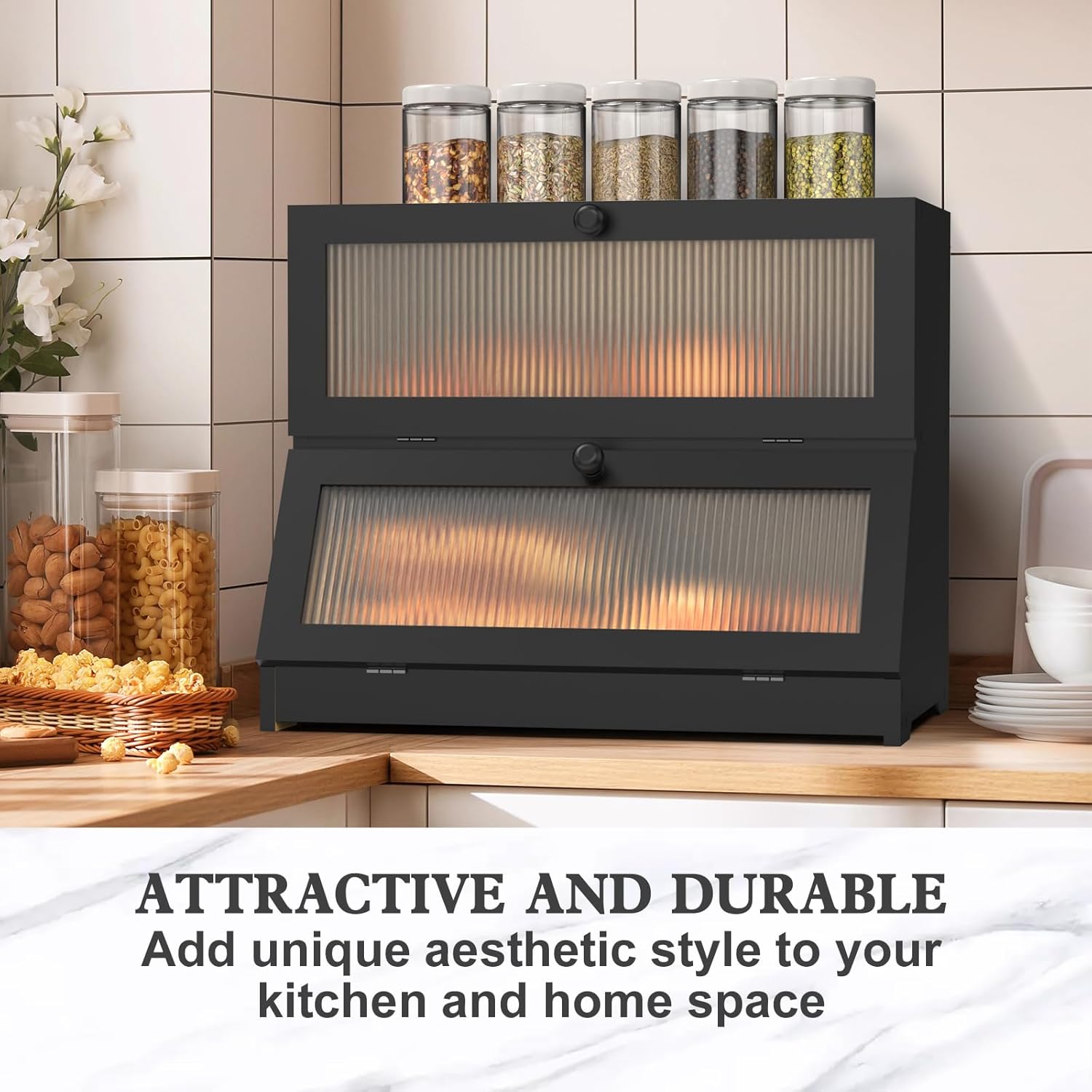 Double Layer Bamboo Bread Box for Kitchen Counter - Large Capacity Bread Storage Container with Clear Window, Easy Assembly, Farmhouse Style Bread Holder (Black)