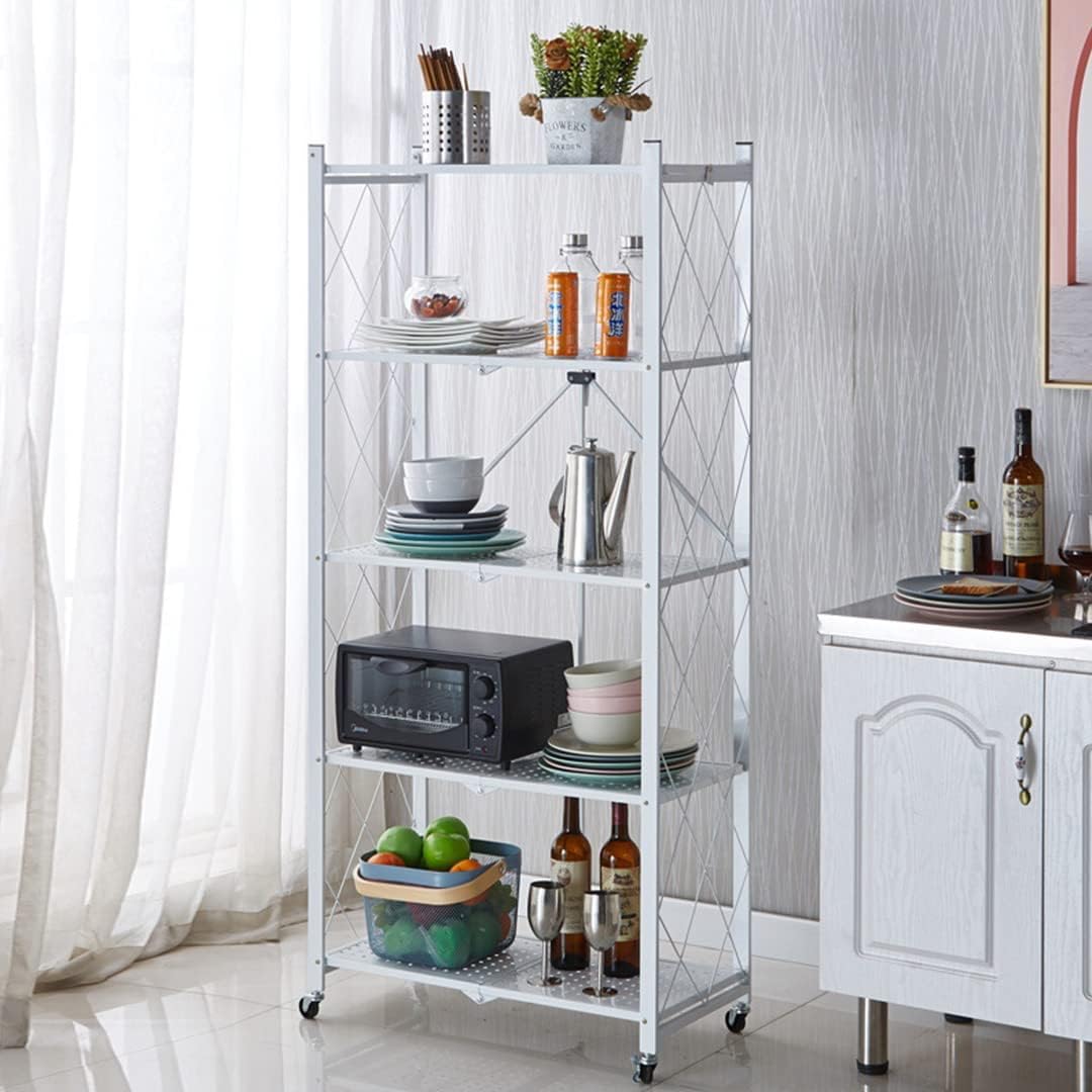 5-Tier Foldable Storage Shelf with Wheels for Kitchen, Garage, Pantry or Basement (White)