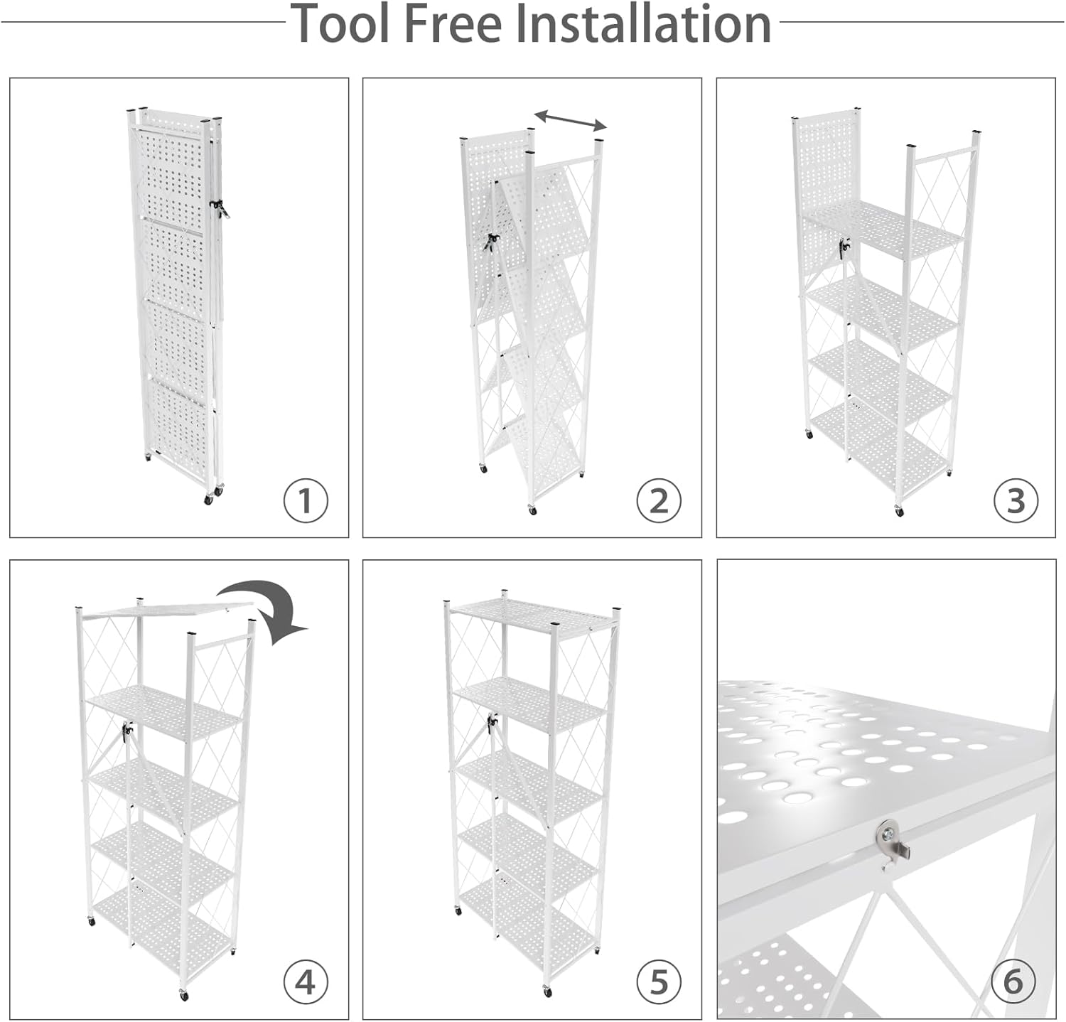 5-Tier Foldable Storage Shelf with Wheels for Kitchen, Garage, Pantry or Basement (White)