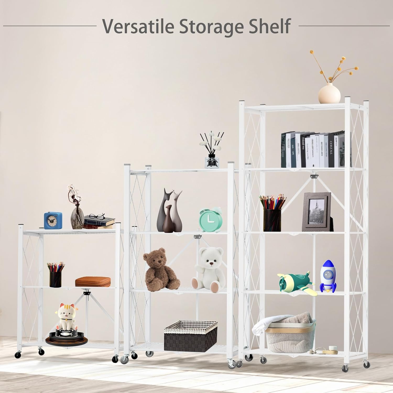 5-Tier Foldable Storage Shelf with Wheels for Kitchen, Garage, Pantry or Basement (White)