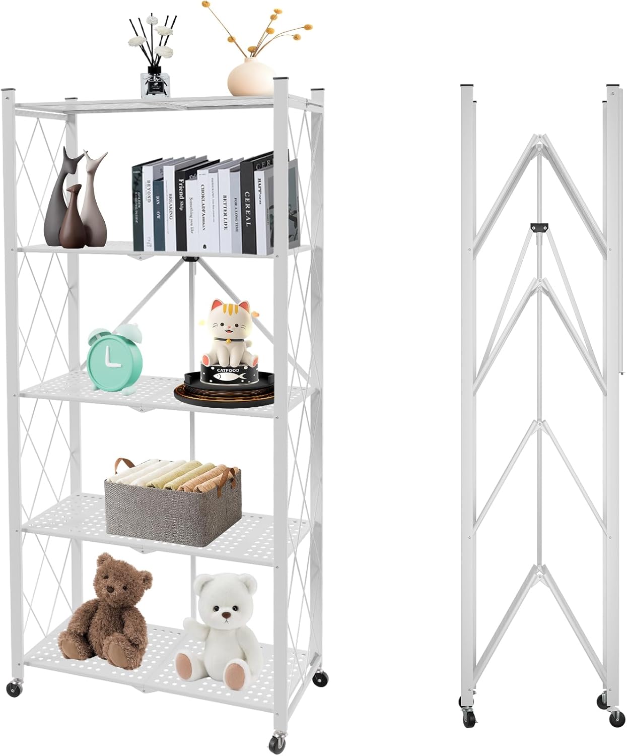 5-Tier Foldable Storage Shelf with Wheels for Kitchen, Garage, Pantry or Basement (White)