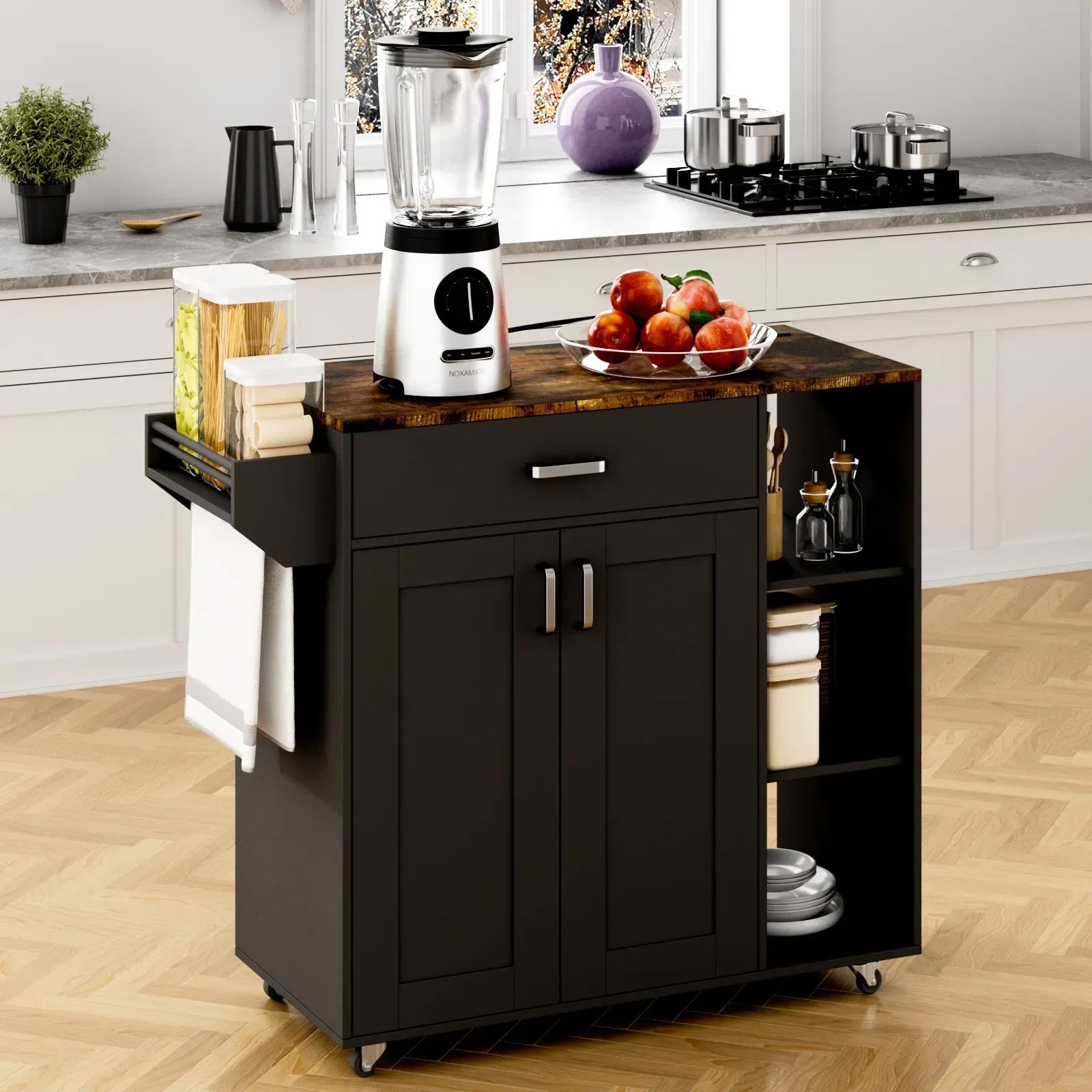 Kitchen Island Cart with Charging Station 83x38x82cm - Black