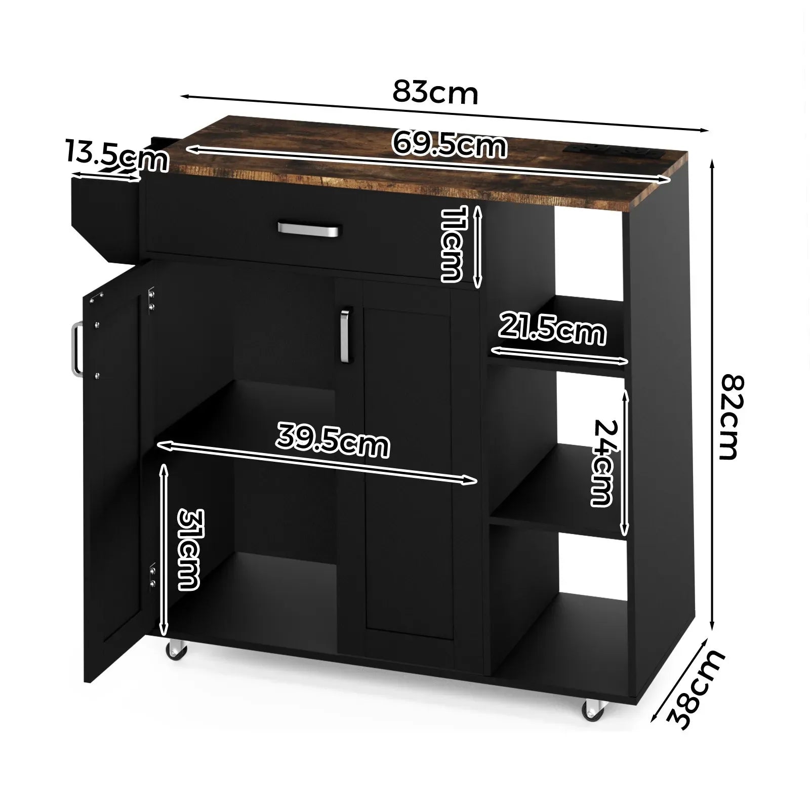 Kitchen Island Cart with Charging Station 83x38x82cm - Black