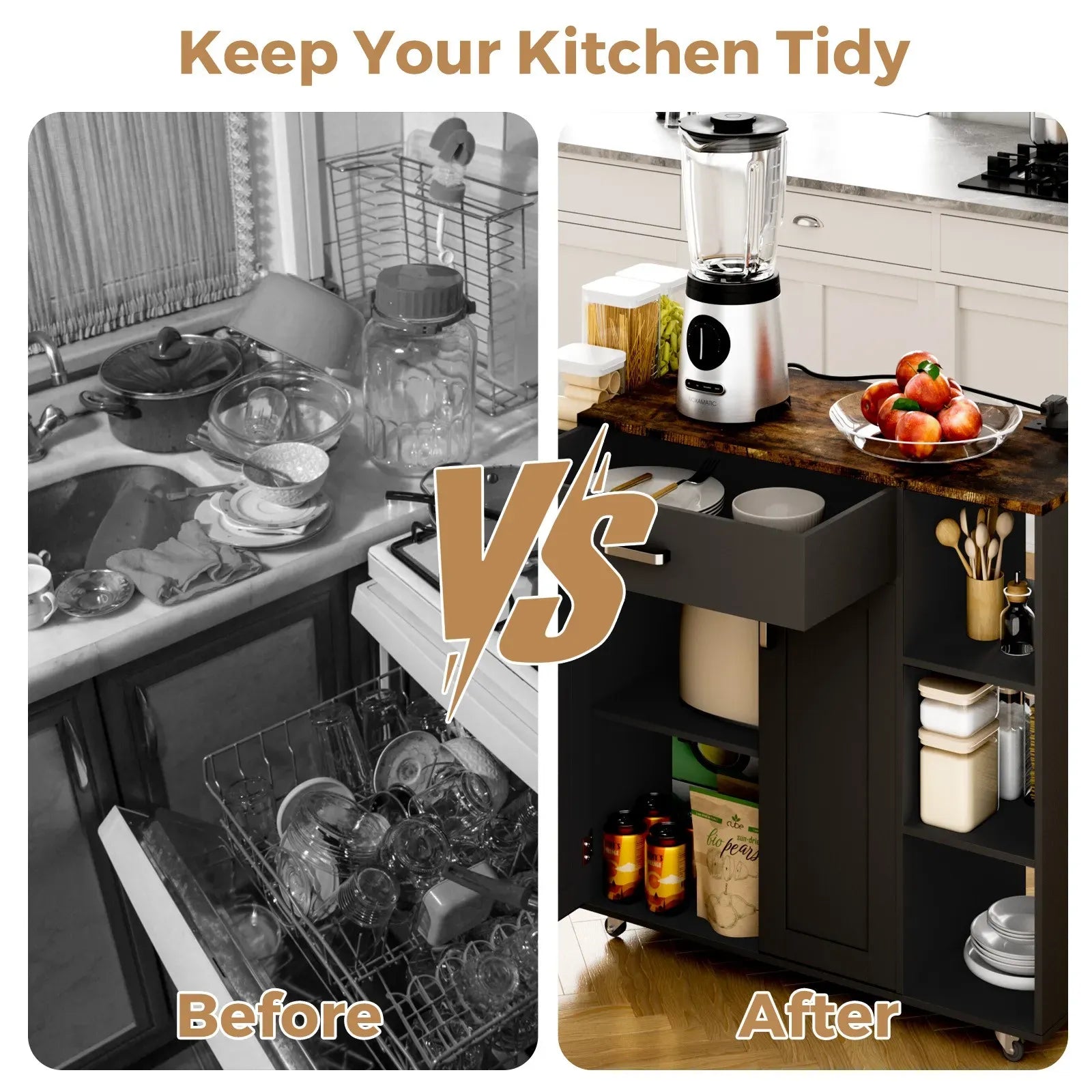 Kitchen Island Cart with Charging Station 83x38x82cm - Black