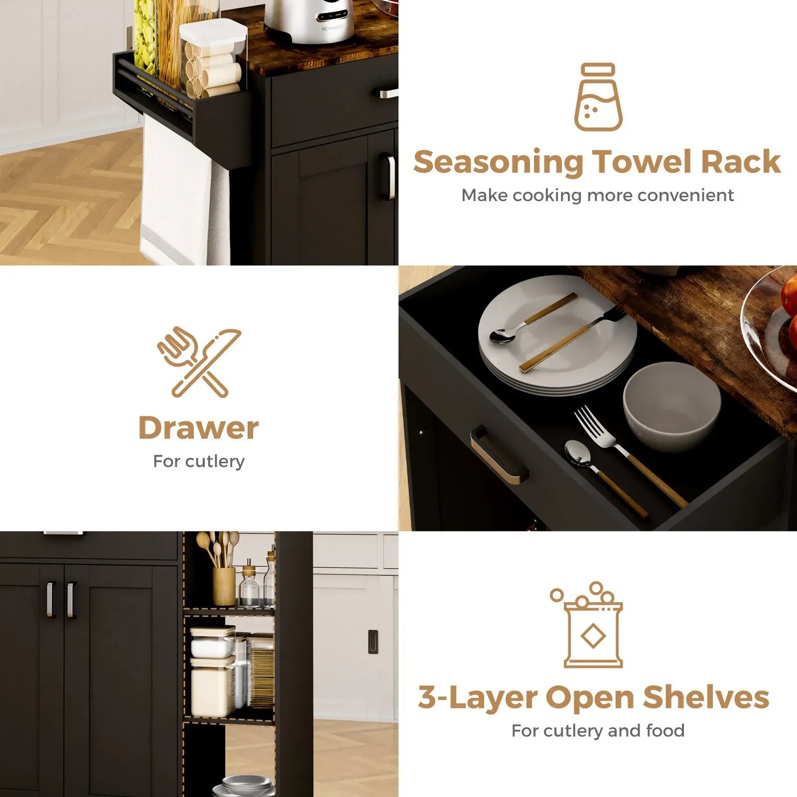 Kitchen Island Cart with Charging Station 83x38x82cm - Black