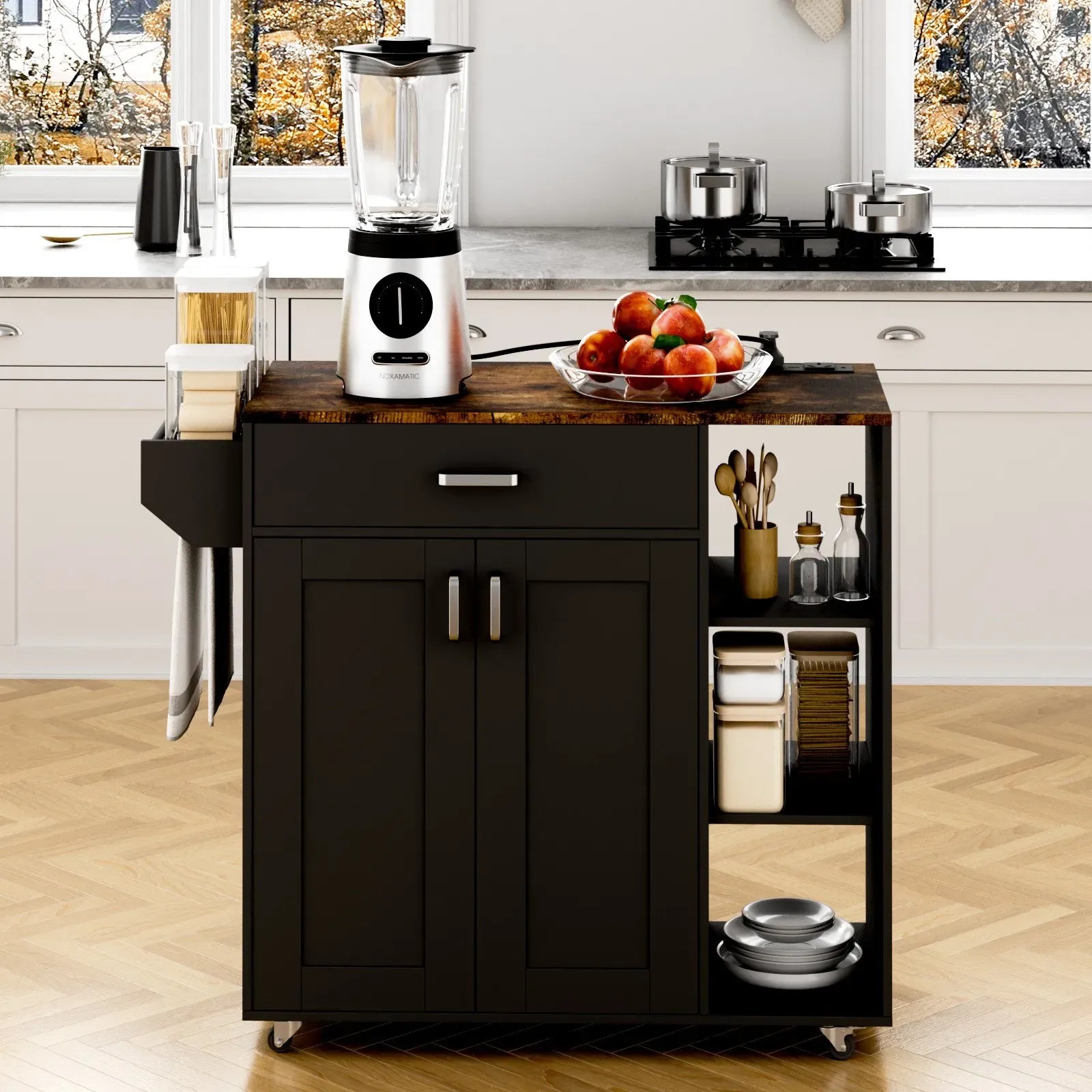 Kitchen Island Cart with Charging Station 83x38x82cm - Black