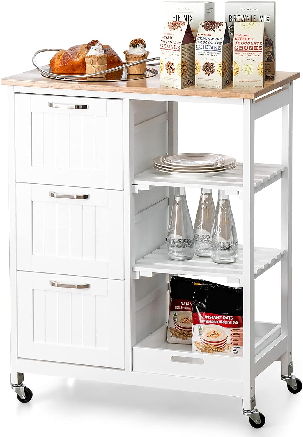 Kitchen Island on Wheels with Storage and Drawers - Natural Wood