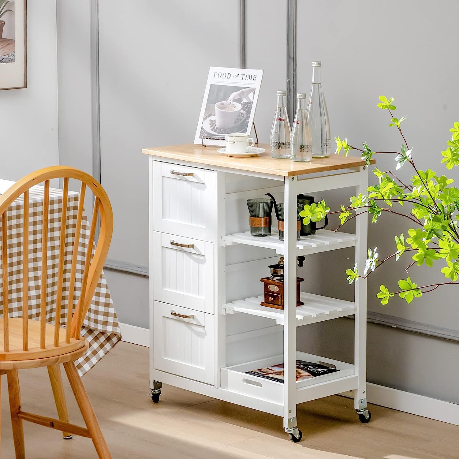 Kitchen Island on Wheels with Storage and Drawers - Natural Wood