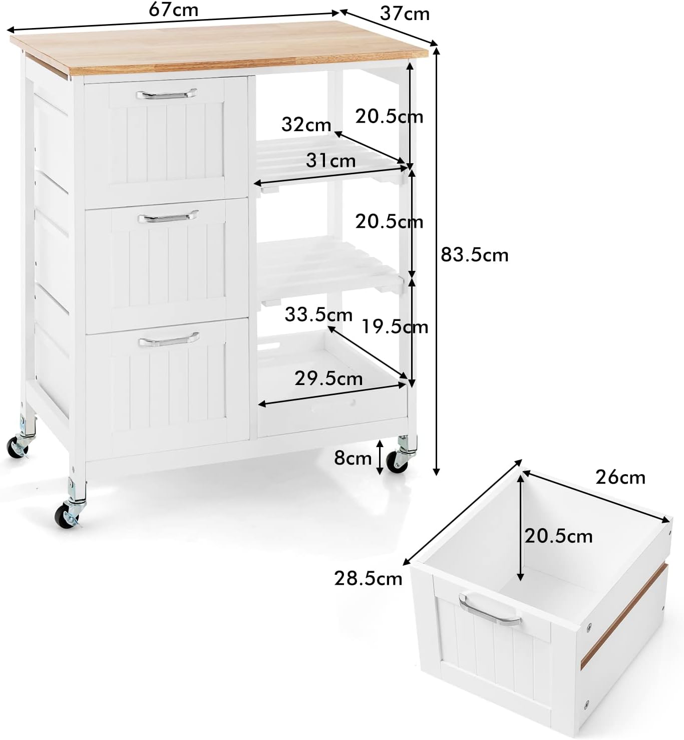Kitchen Island on Wheels with Storage and Drawers - Natural Wood