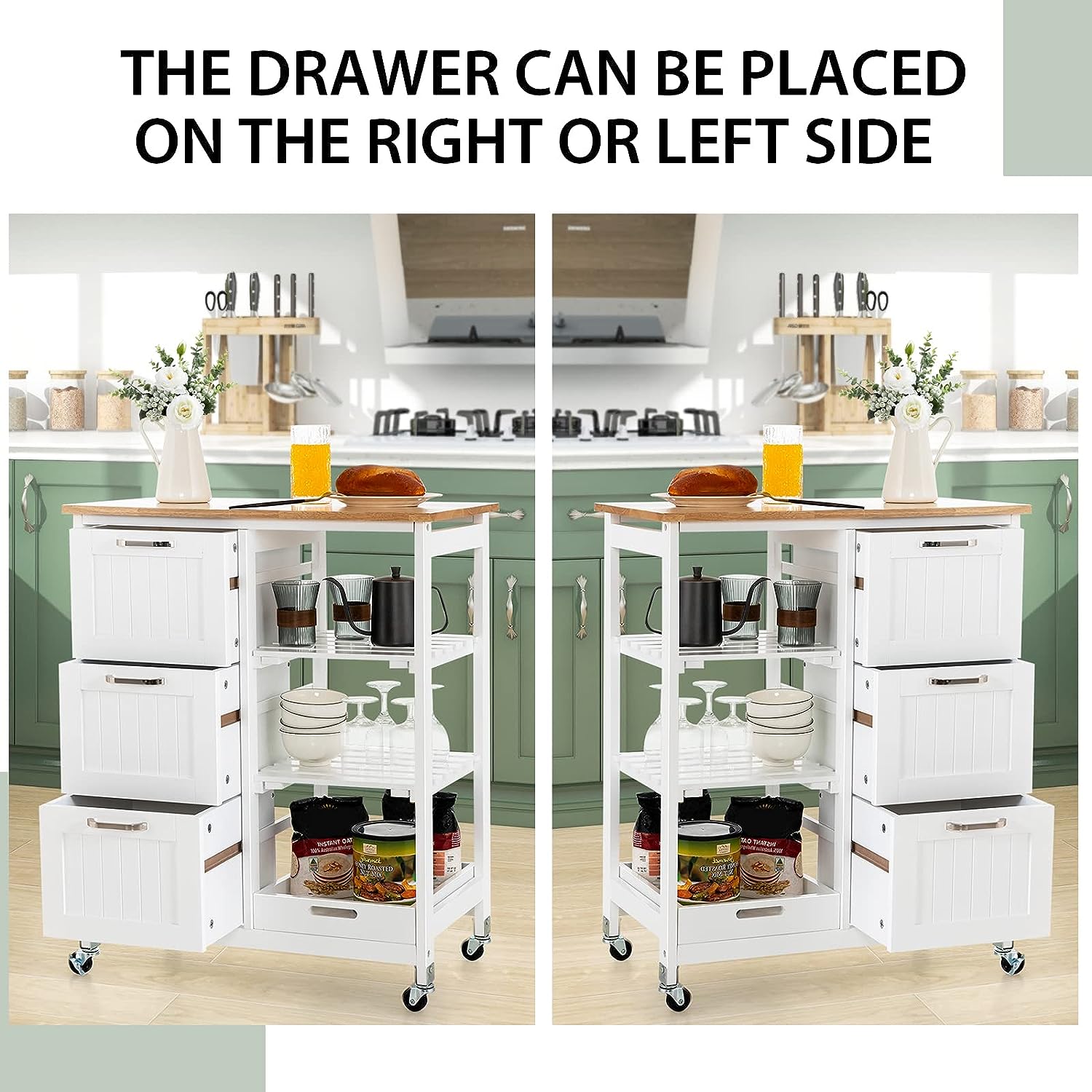 Kitchen Island on Wheels with Storage and Drawers - Natural Wood