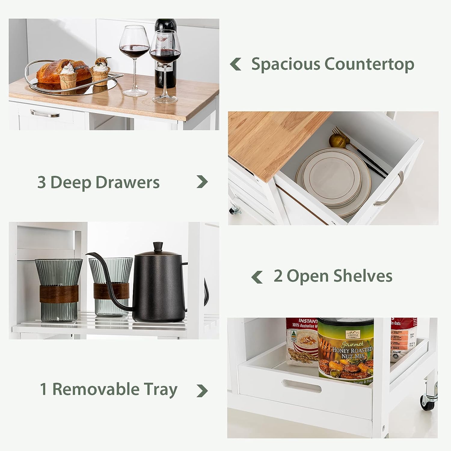 Kitchen Island on Wheels with Storage and Drawers - Natural Wood