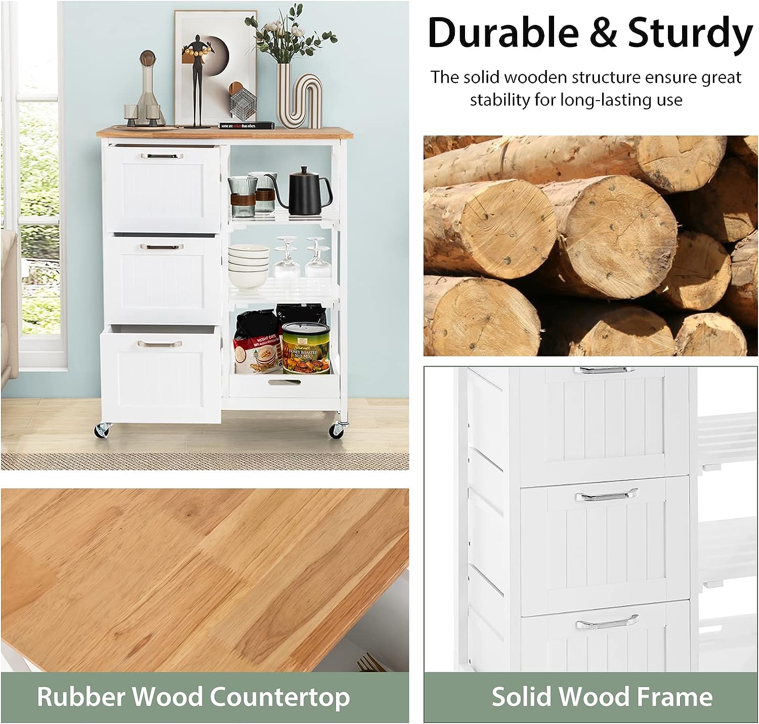 Kitchen Island on Wheels with Storage and Drawers - Natural Wood