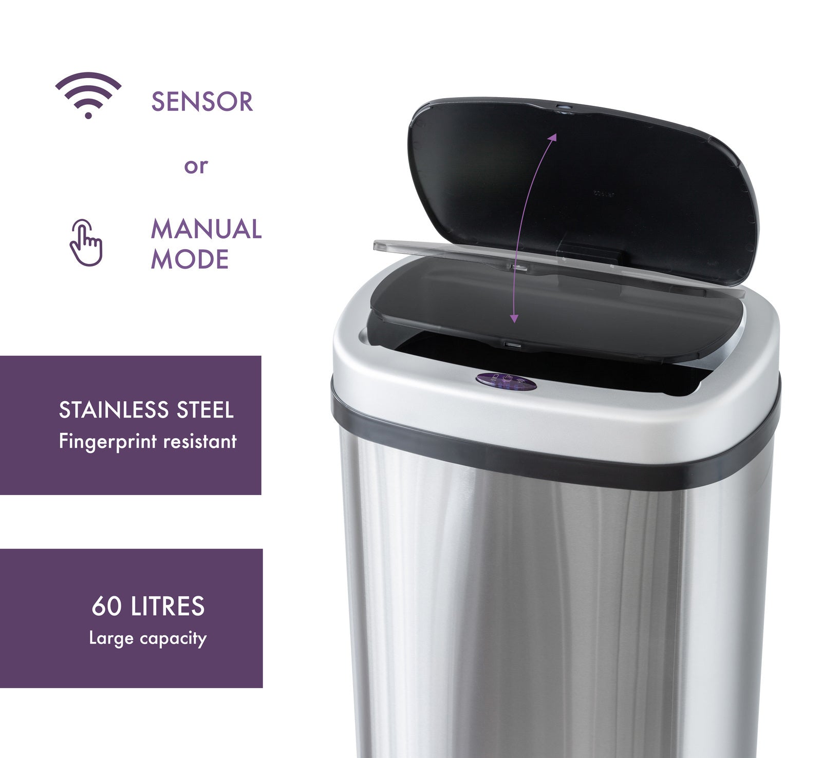 60L Stainless Steel Motion Sensor Rubbish Bin