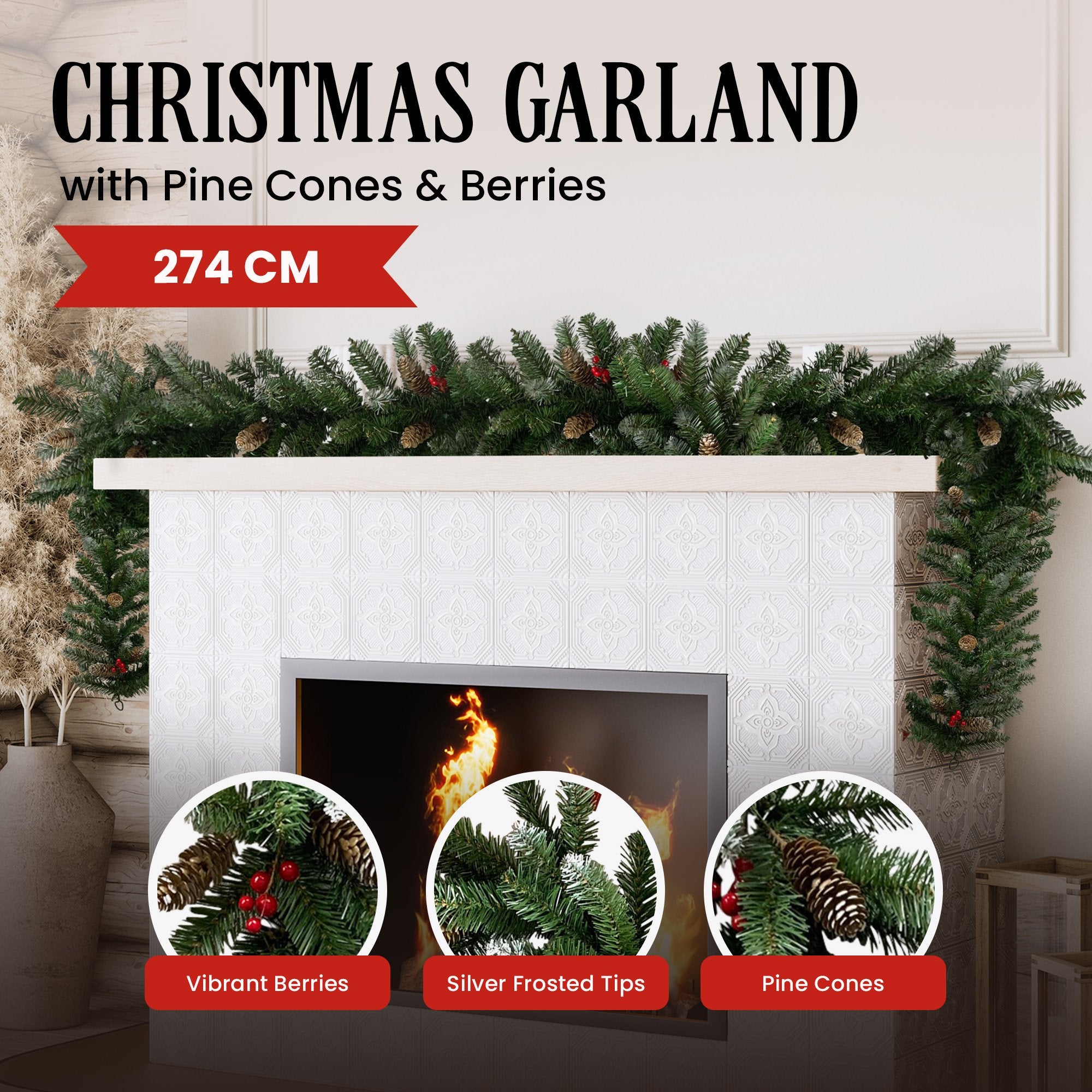274cm Christmas Garland with Pine Cones & Berries