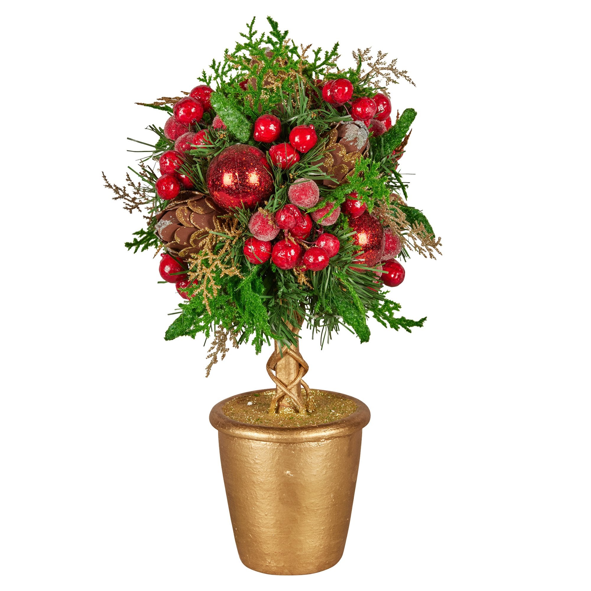 36cm Christmas Tabletop Topiary Tree Pre-Decorated Berries, Baubles & Pine Cones Gold Pot Twisted Stem Festive Decoration