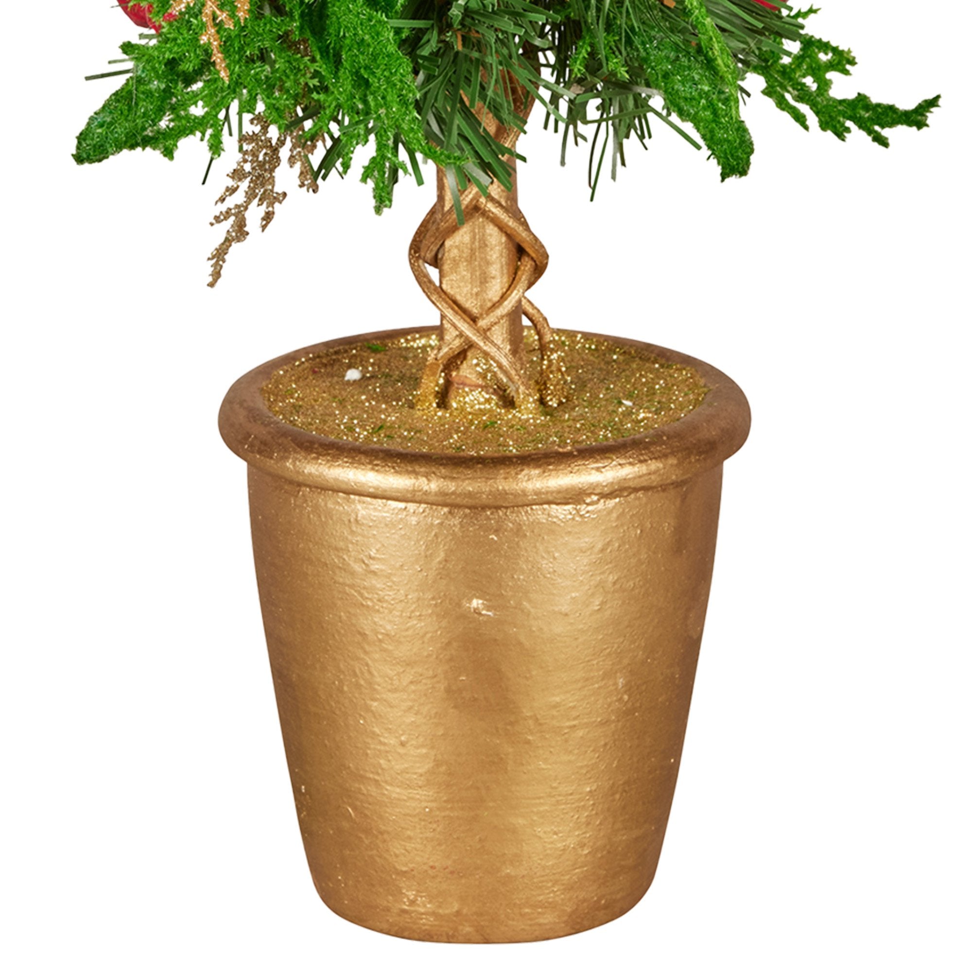 36cm Christmas Tabletop Topiary Tree Pre-Decorated Berries, Baubles & Pine Cones Gold Pot Twisted Stem Festive Decoration