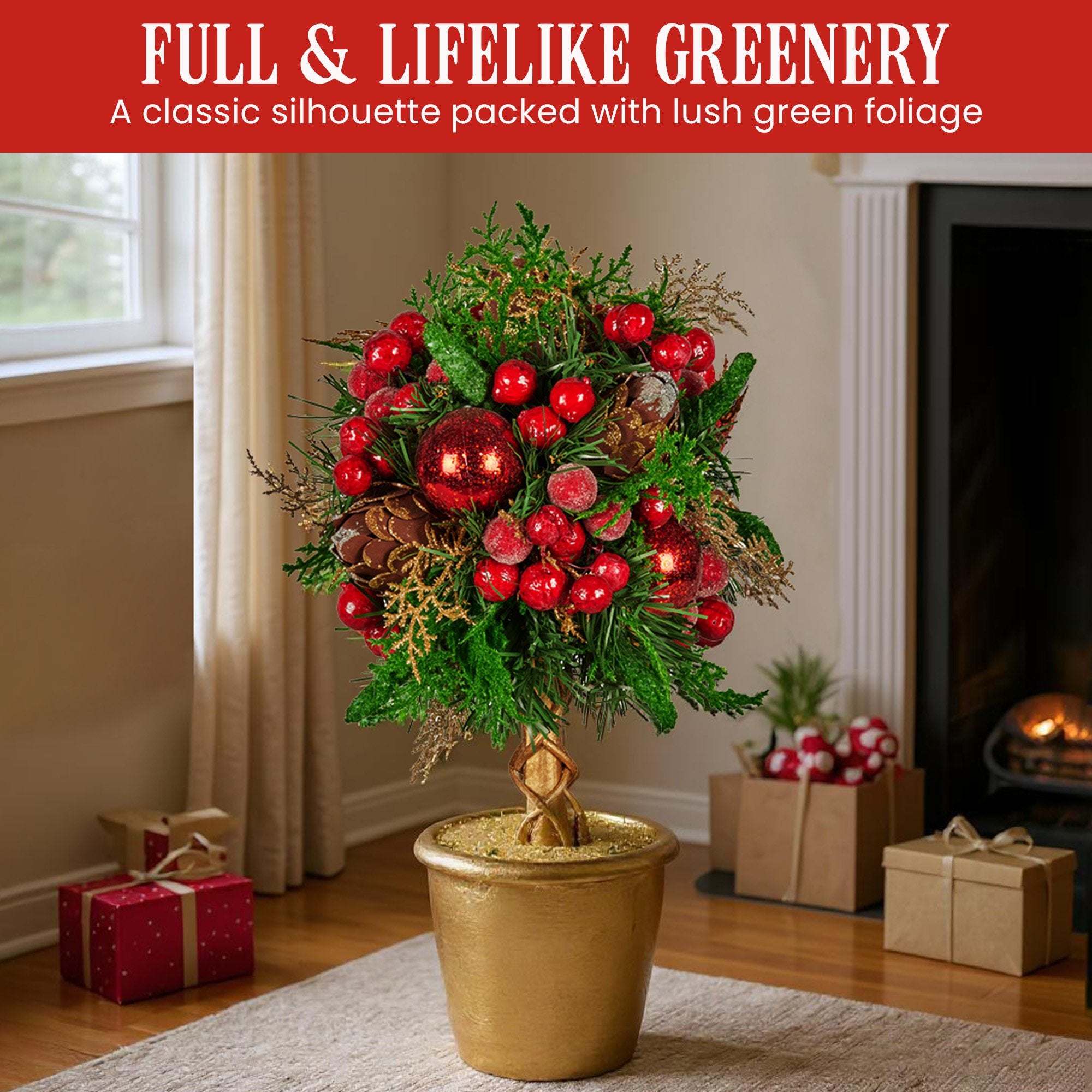 36cm Christmas Tabletop Topiary Tree Pre-Decorated Berries, Baubles & Pine Cones Gold Pot Twisted Stem Festive Decoration