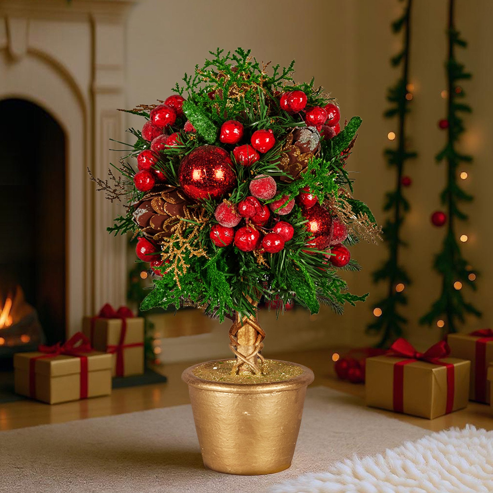 36cm Christmas Tabletop Topiary Tree Pre-Decorated Berries, Baubles & Pine Cones Gold Pot Twisted Stem Festive Decoration