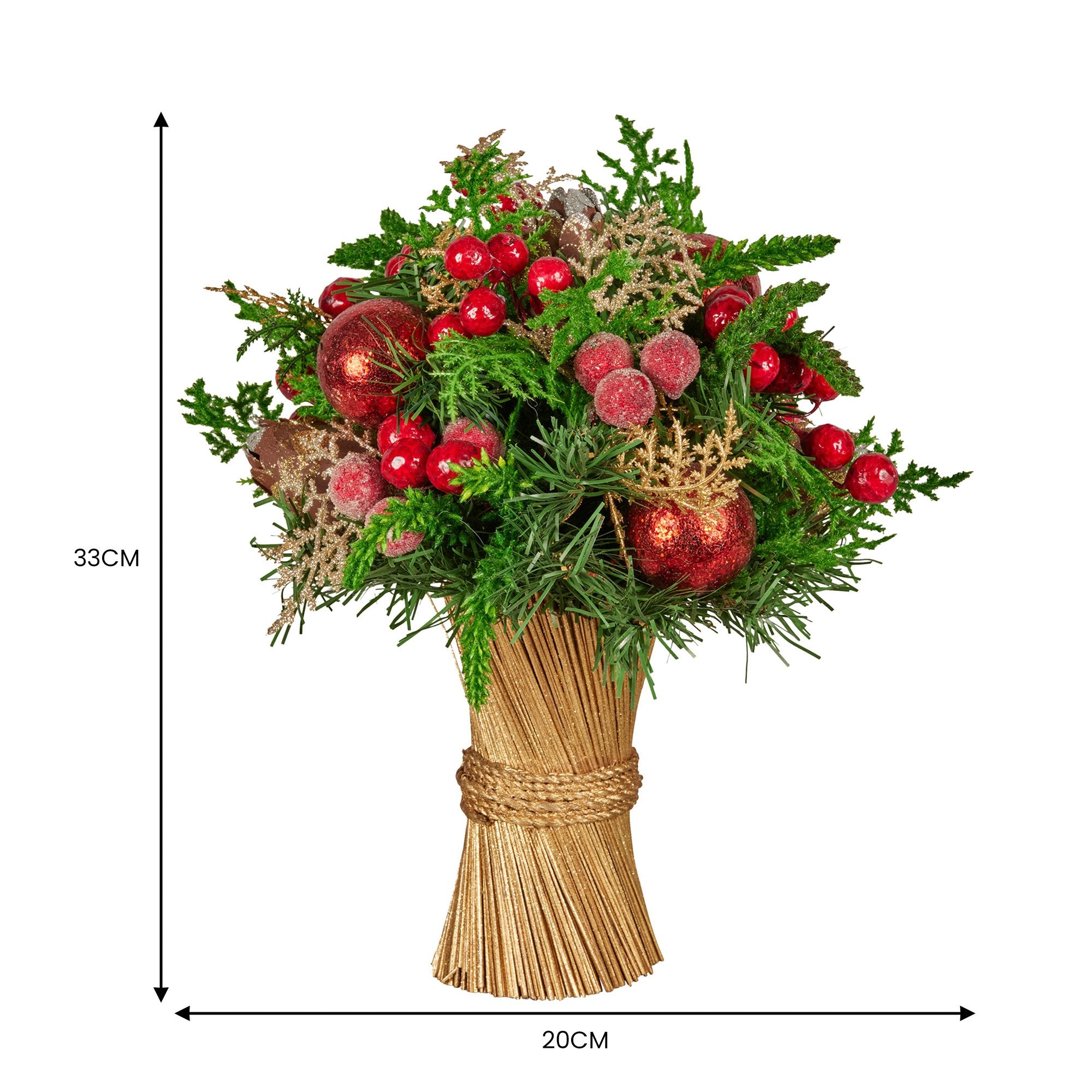 33cm Christmas Bouquet Pre-Decorated Holiday Floral Arrangement with Berries, Baubles & Pine Cones Festive Tabletop Centrepiece Decoration