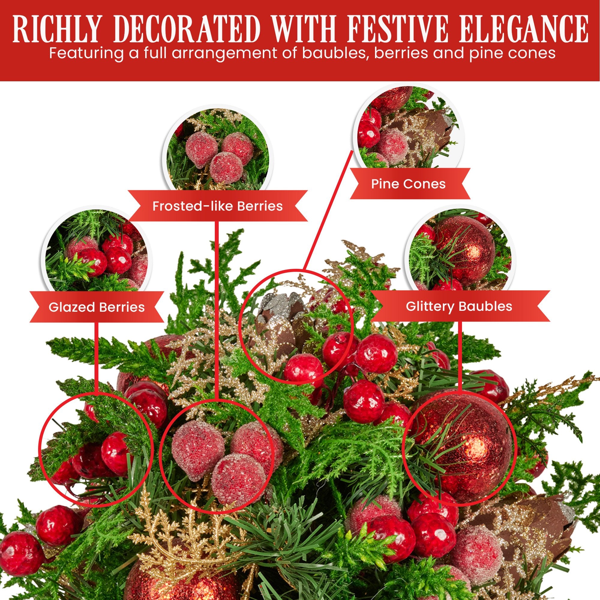 33cm Christmas Bouquet Pre-Decorated Holiday Floral Arrangement with Berries, Baubles & Pine Cones Festive Tabletop Centrepiece Decoration