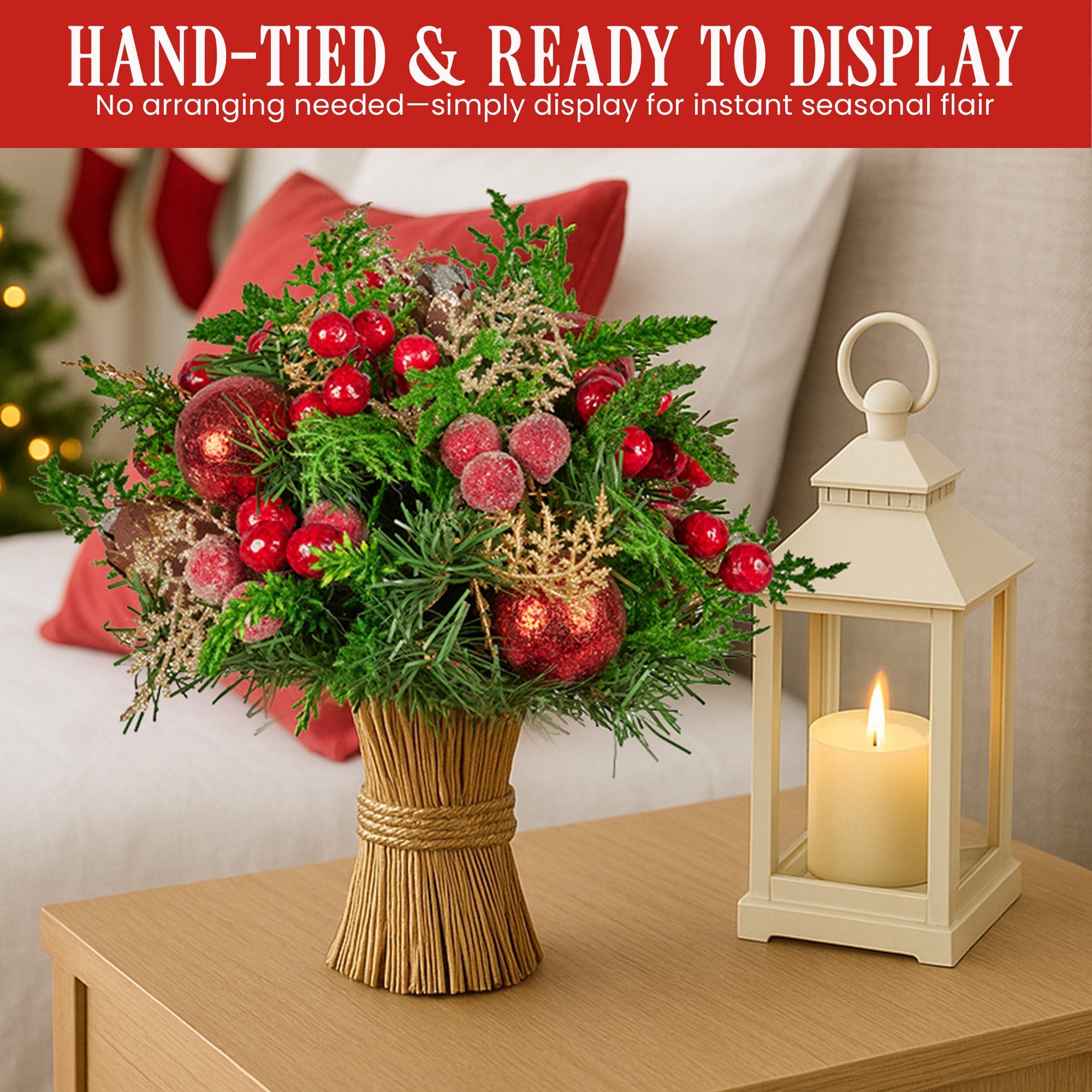 33cm Christmas Bouquet Pre-Decorated Holiday Floral Arrangement with Berries, Baubles & Pine Cones Festive Tabletop Centrepiece Decoration