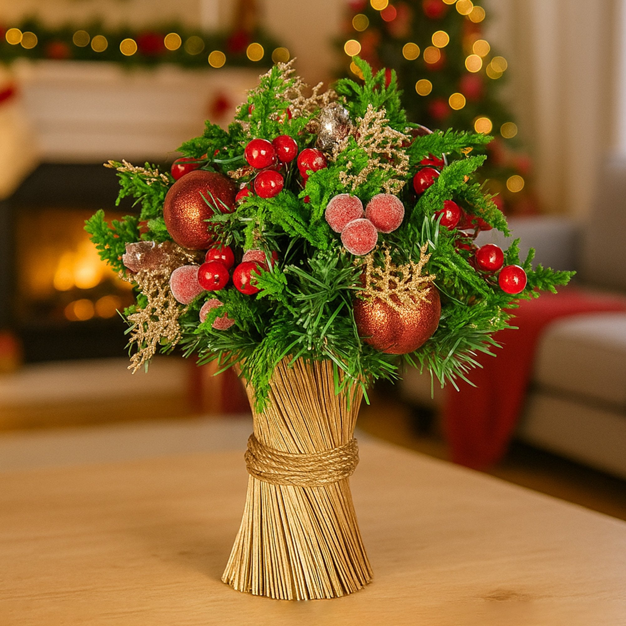 33cm Christmas Bouquet Pre-Decorated Holiday Floral Arrangement with Berries, Baubles & Pine Cones Festive Tabletop Centrepiece Decoration