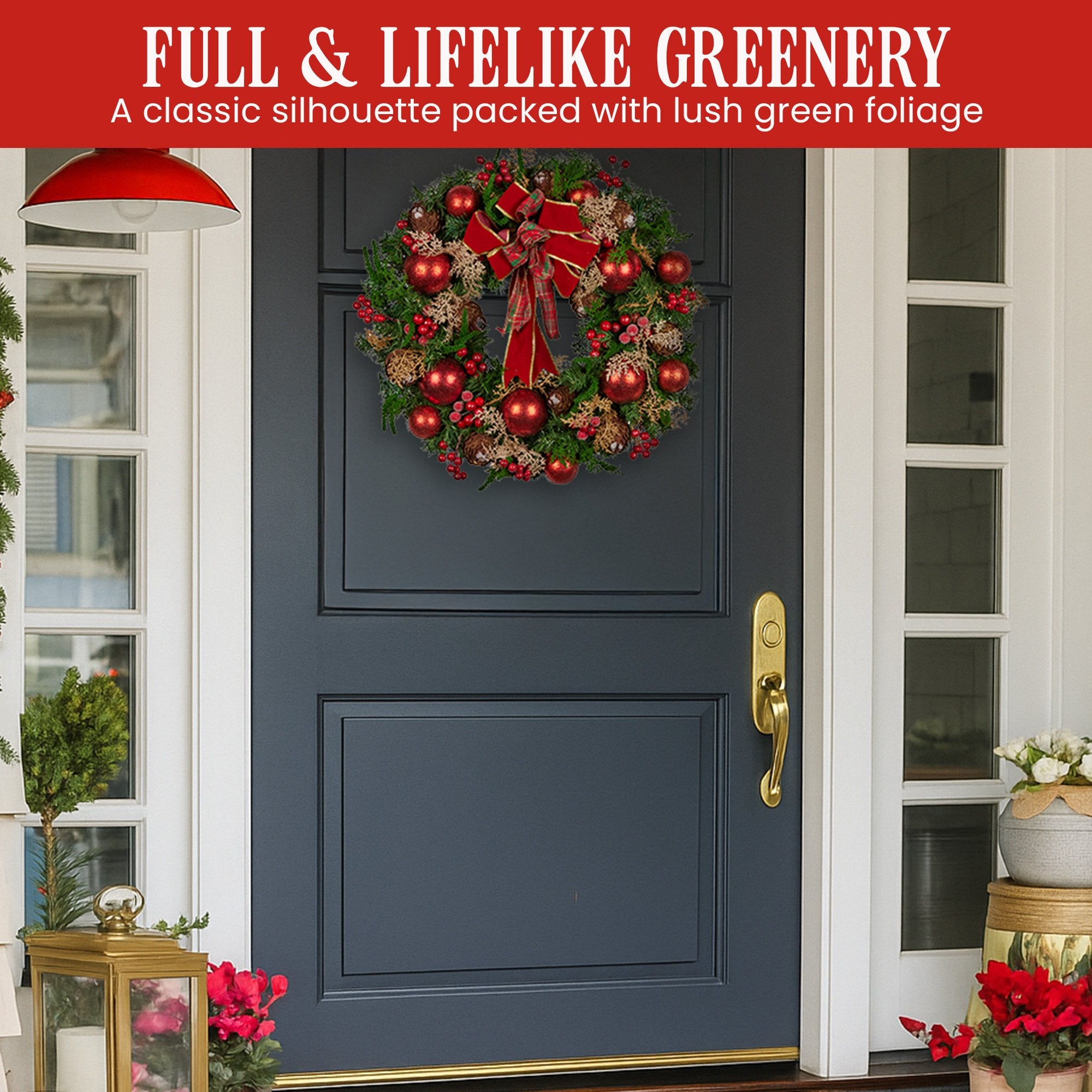 56cm Christmas Wreath Lush Green Holiday Door Wreath with Red Berries, Baubles & Pine Cones Pre-Decorated Festive Wall or Front Door Decoration
