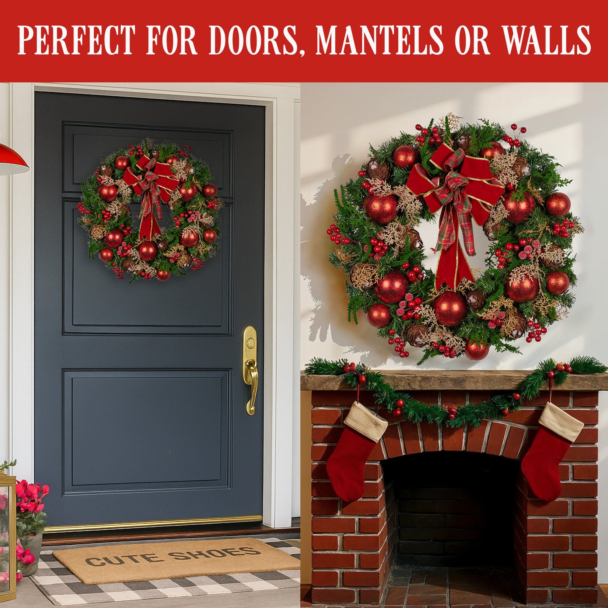 56cm Christmas Wreath Lush Green Holiday Door Wreath with Red Berries, Baubles & Pine Cones Pre-Decorated Festive Wall or Front Door Decoration