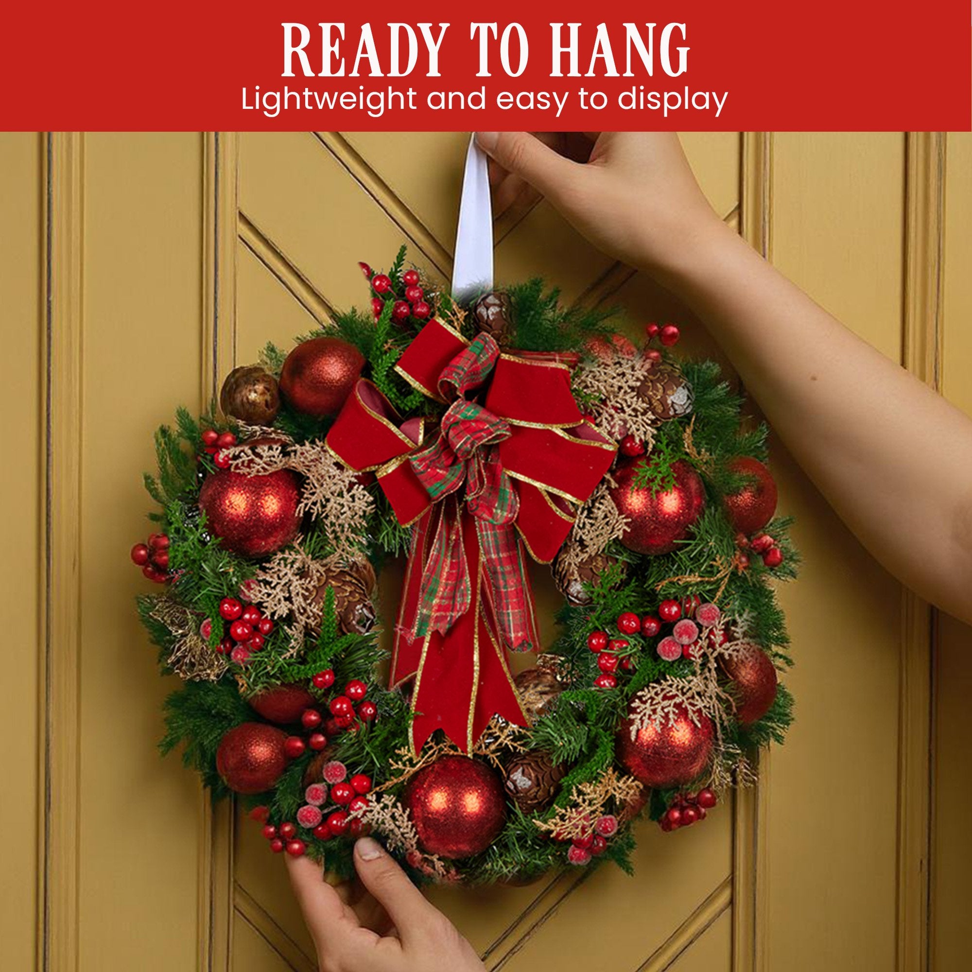 56cm Christmas Wreath Lush Green Holiday Door Wreath with Red Berries, Baubles & Pine Cones Pre-Decorated Festive Wall or Front Door Decoration