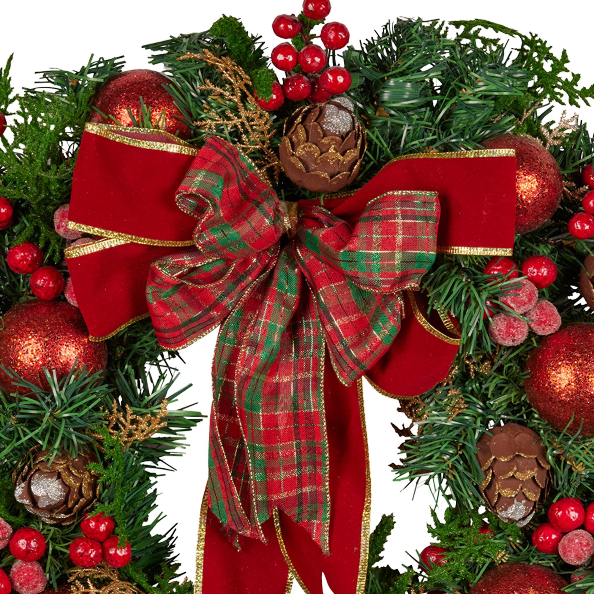 71cm Christmas Wreath Lush Green Holiday Door Wreath with Red Berries, Baubles & Pine Cones Pre-Decorated Festive Wall or Front Door Decoration