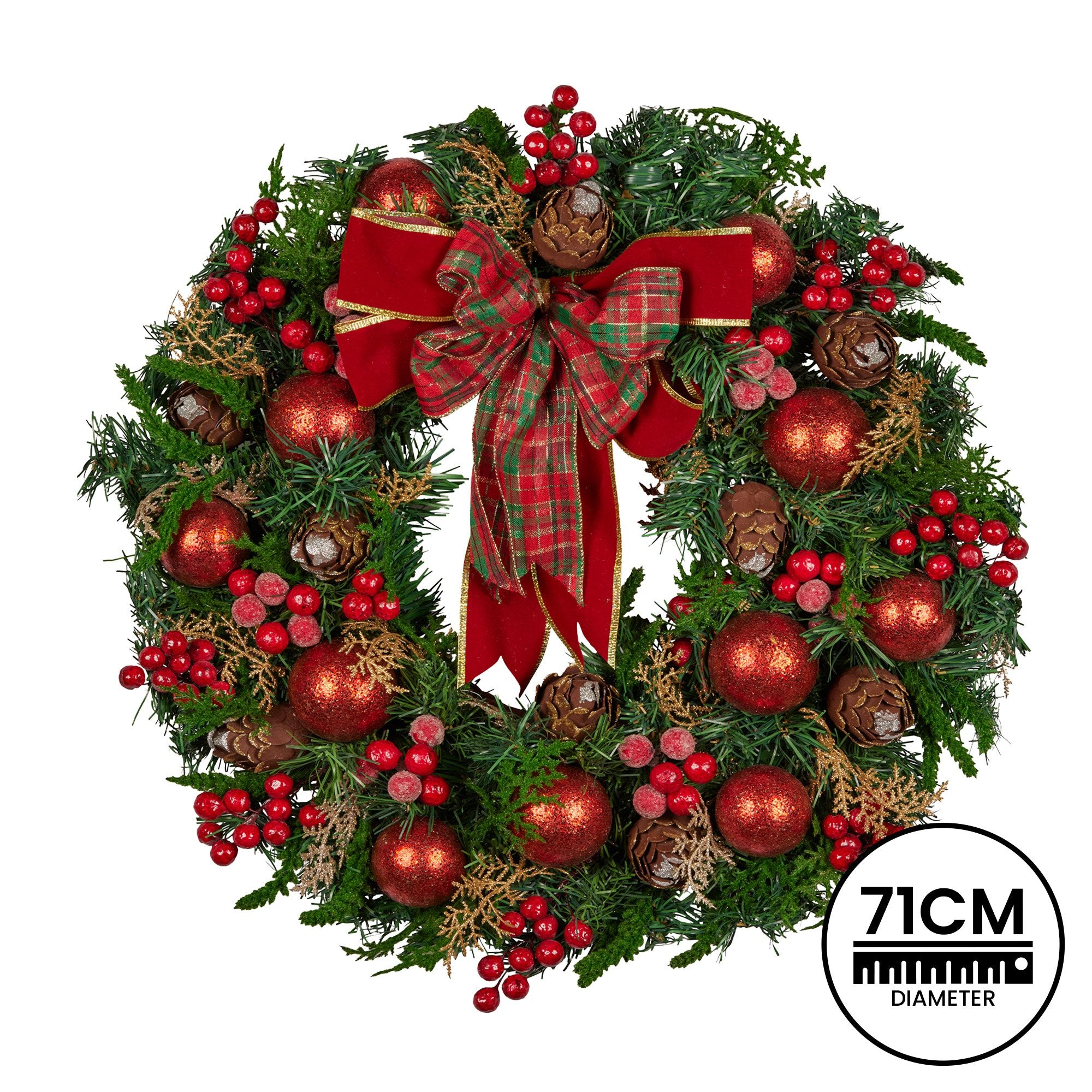 71cm Christmas Wreath Lush Green Holiday Door Wreath with Red Berries, Baubles & Pine Cones Pre-Decorated Festive Wall or Front Door Decoration