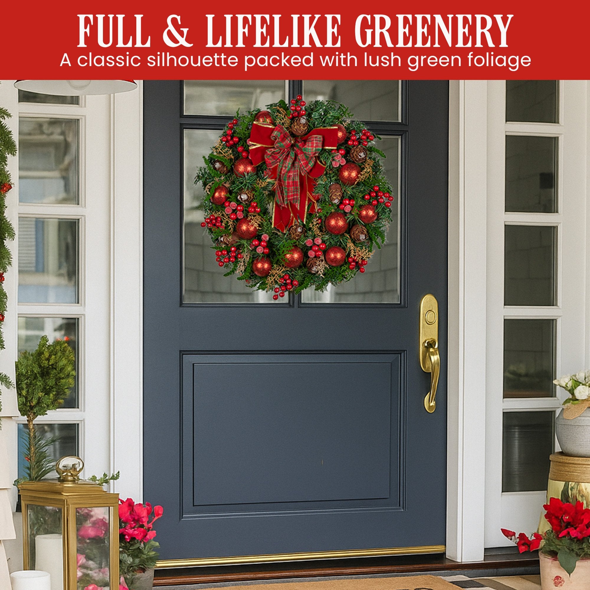 71cm Christmas Wreath Lush Green Holiday Door Wreath with Red Berries, Baubles & Pine Cones Pre-Decorated Festive Wall or Front Door Decoration