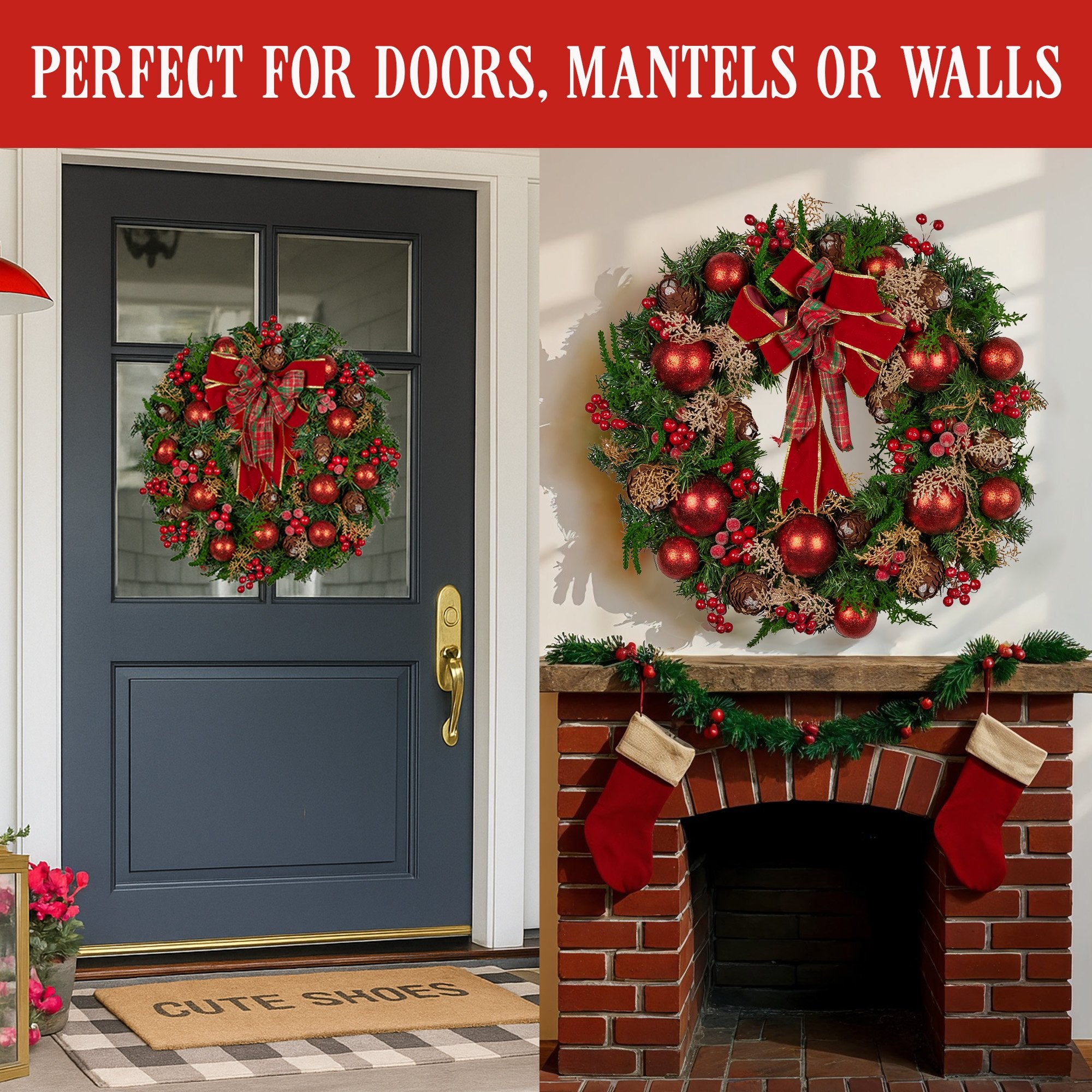 71cm Christmas Wreath Lush Green Holiday Door Wreath with Red Berries, Baubles & Pine Cones Pre-Decorated Festive Wall or Front Door Decoration