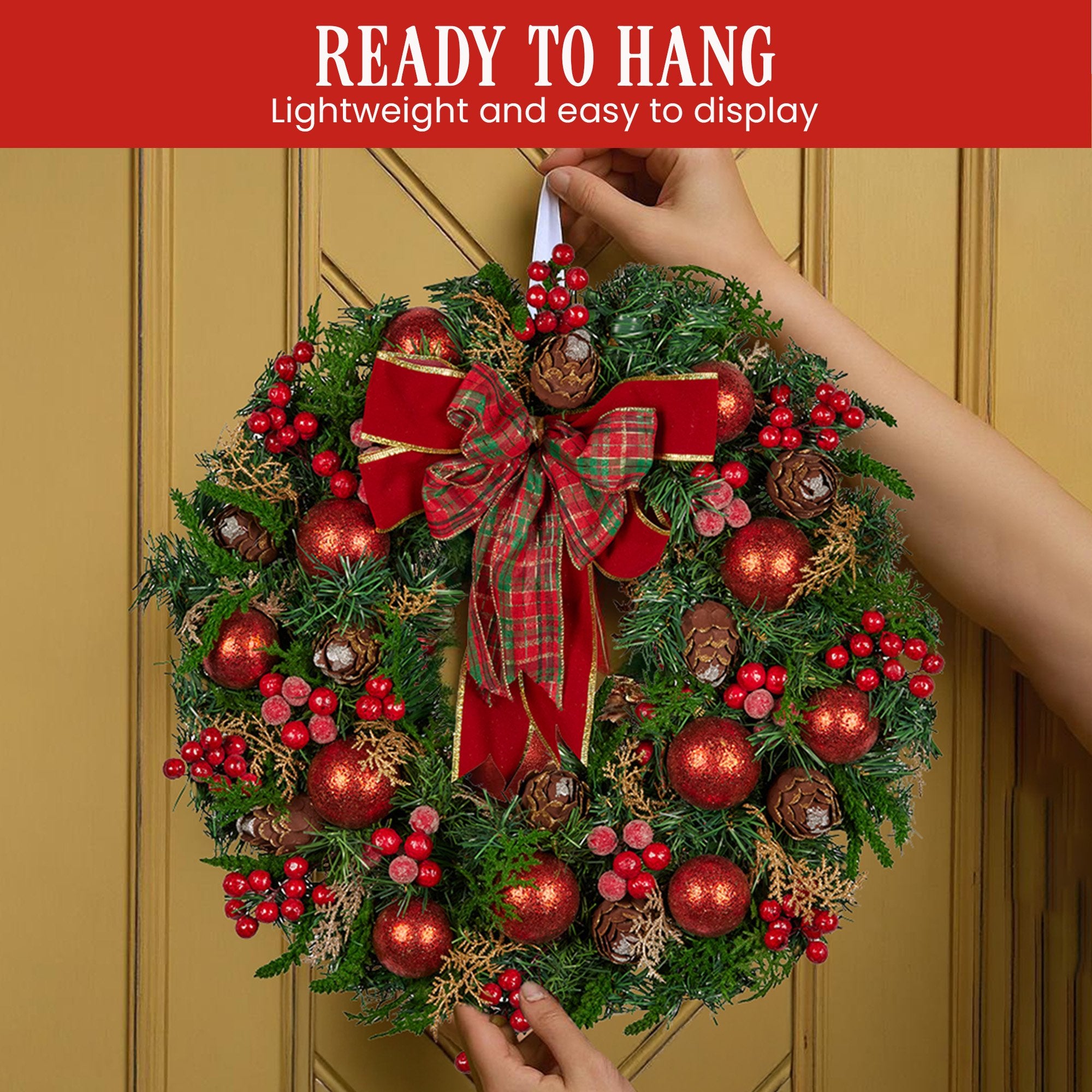 71cm Christmas Wreath Lush Green Holiday Door Wreath with Red Berries, Baubles & Pine Cones Pre-Decorated Festive Wall or Front Door Decoration