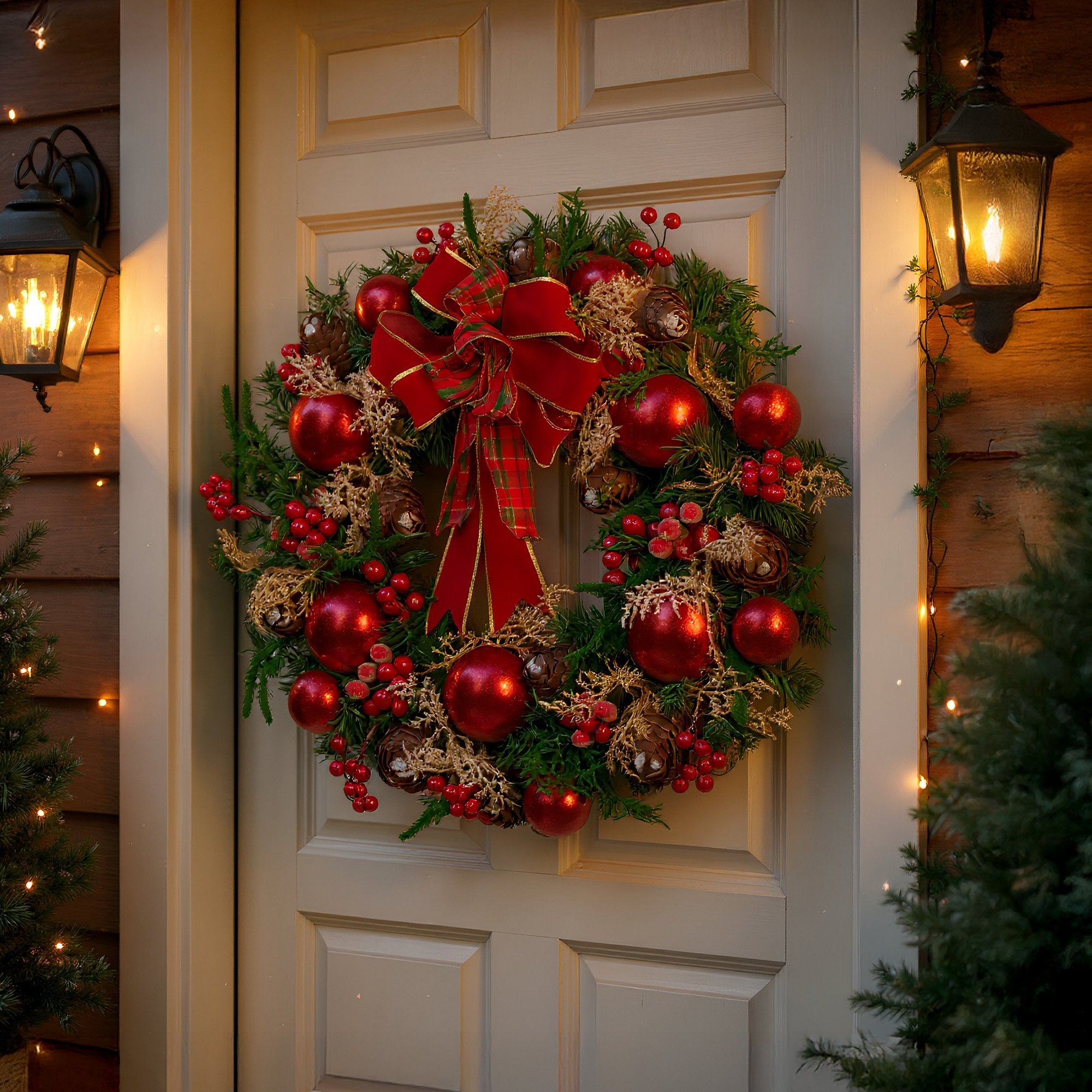 71cm Christmas Wreath Lush Green Holiday Door Wreath with Red Berries, Baubles & Pine Cones Pre-Decorated Festive Wall or Front Door Decoration