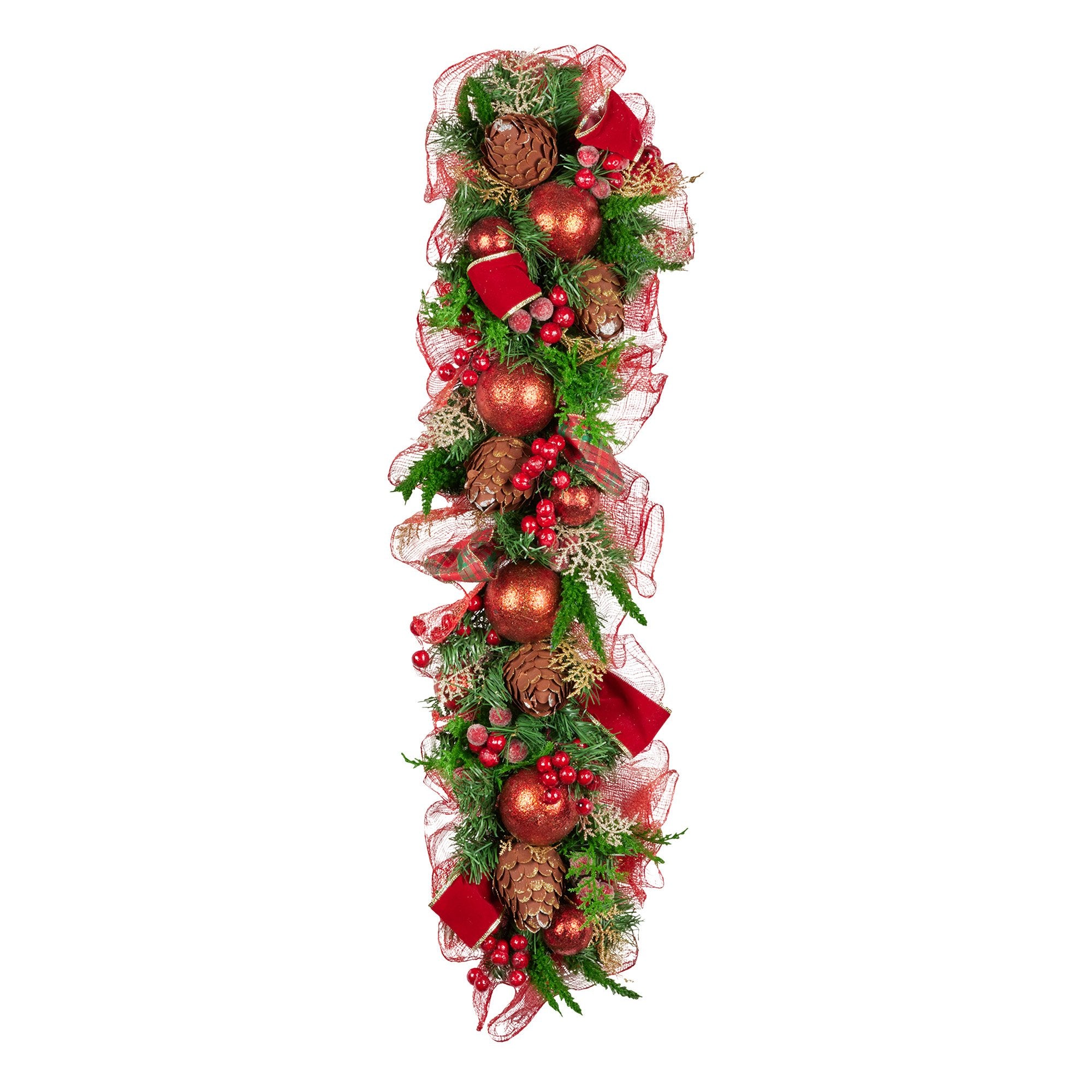 100cm Christmas Garland Lush Green Holiday Garland w/ Red Berries, Baubles & Pine Cones Pre-Decorated Festive Shelf or Banister Decoration