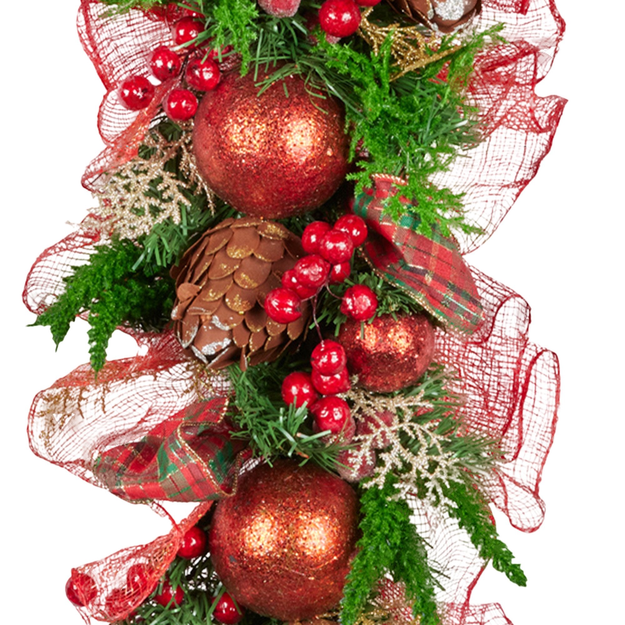 100cm Christmas Garland Lush Green Holiday Garland w/ Red Berries, Baubles & Pine Cones Pre-Decorated Festive Shelf or Banister Decoration