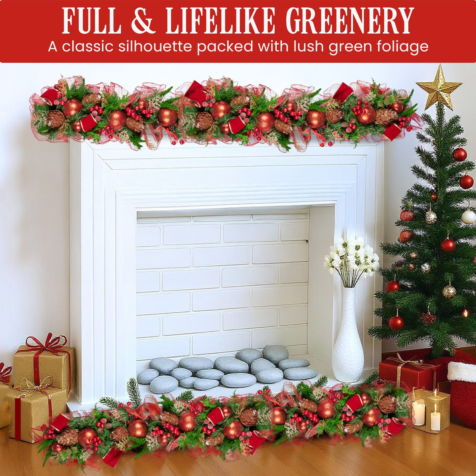 100cm Christmas Garland Lush Green Holiday Garland w/ Red Berries, Baubles & Pine Cones Pre-Decorated Festive Shelf or Banister Decoration