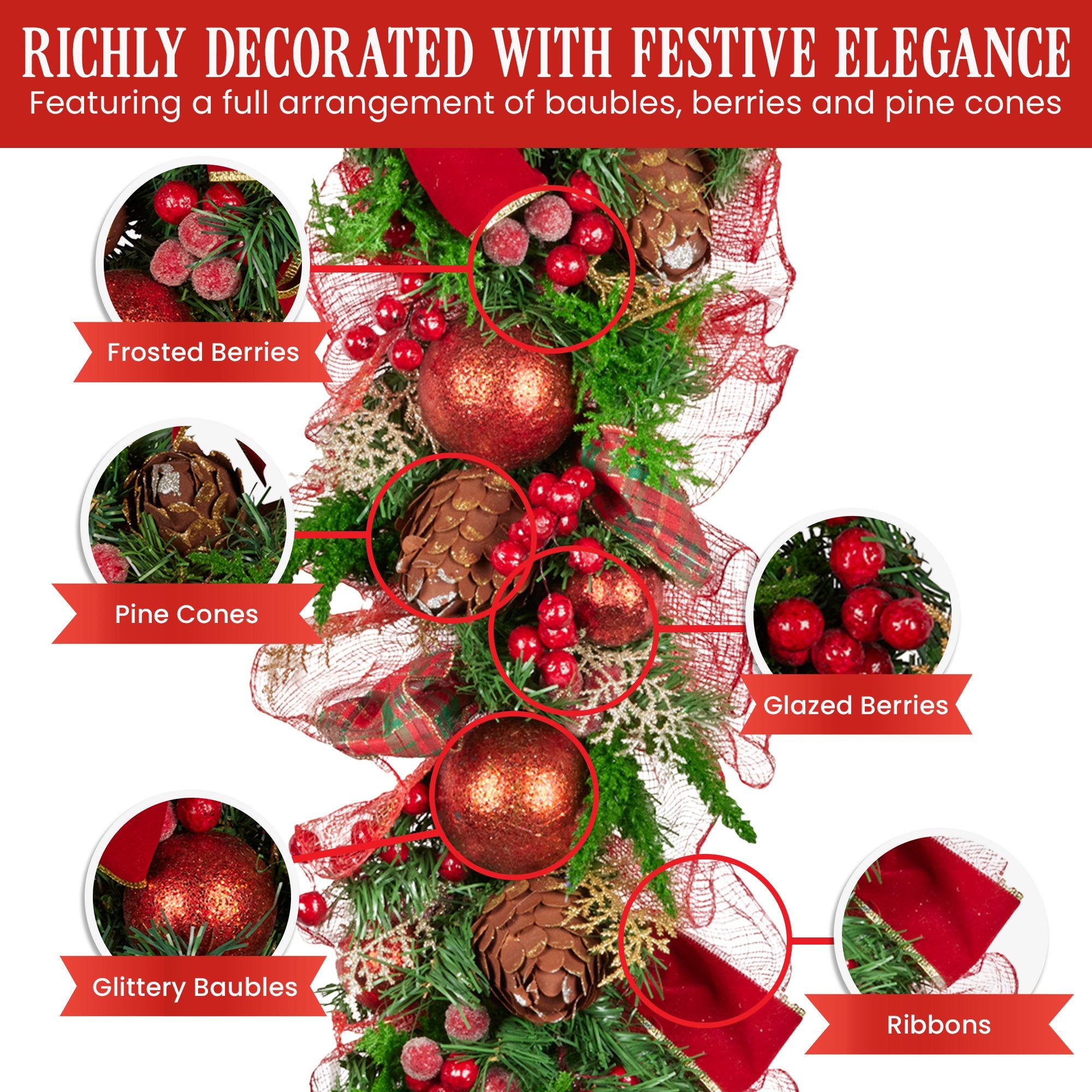 100cm Christmas Garland Lush Green Holiday Garland w/ Red Berries, Baubles & Pine Cones Pre-Decorated Festive Shelf or Banister Decoration
