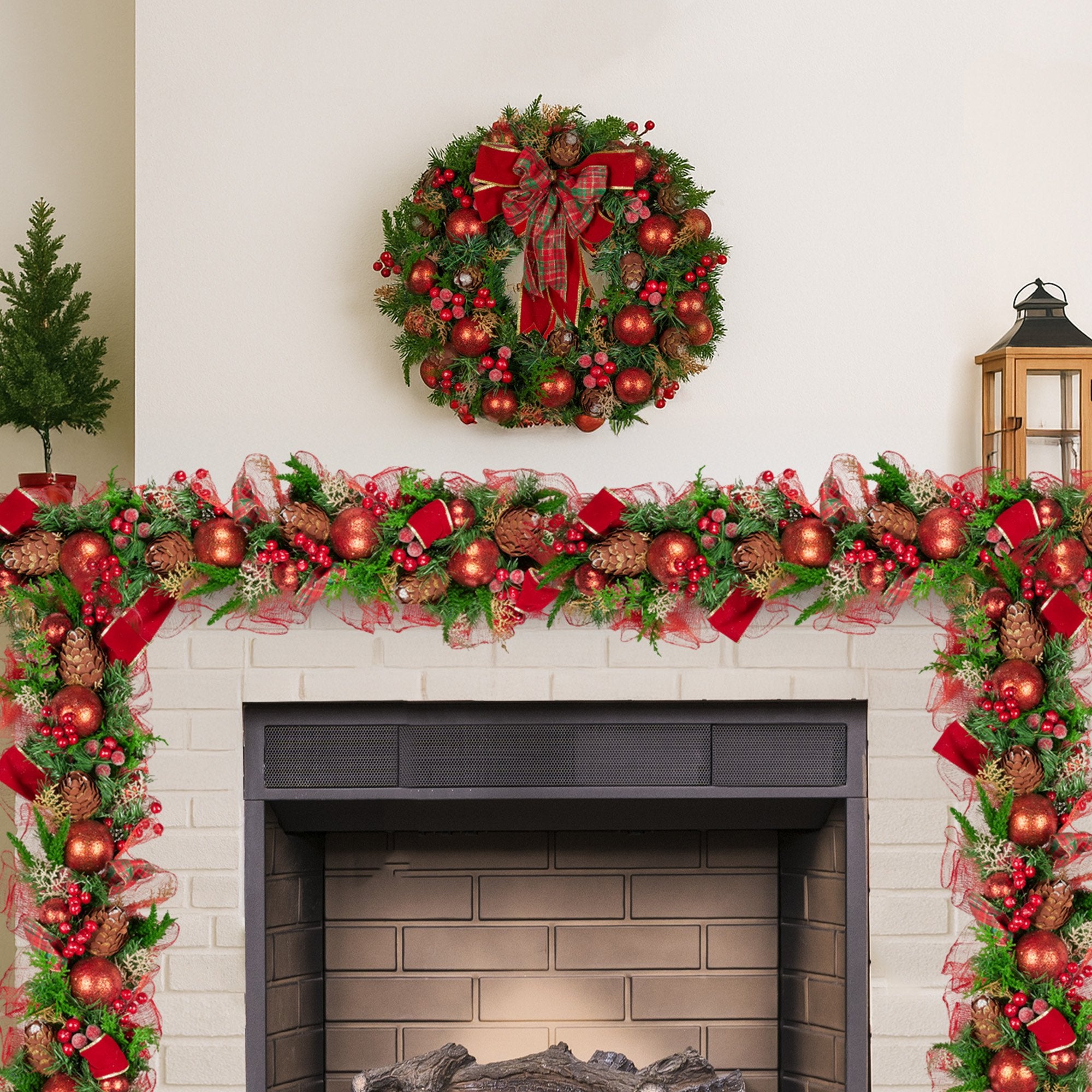 100cm Christmas Garland Lush Green Holiday Garland w/ Red Berries, Baubles & Pine Cones Pre-Decorated Festive Shelf or Banister Decoration