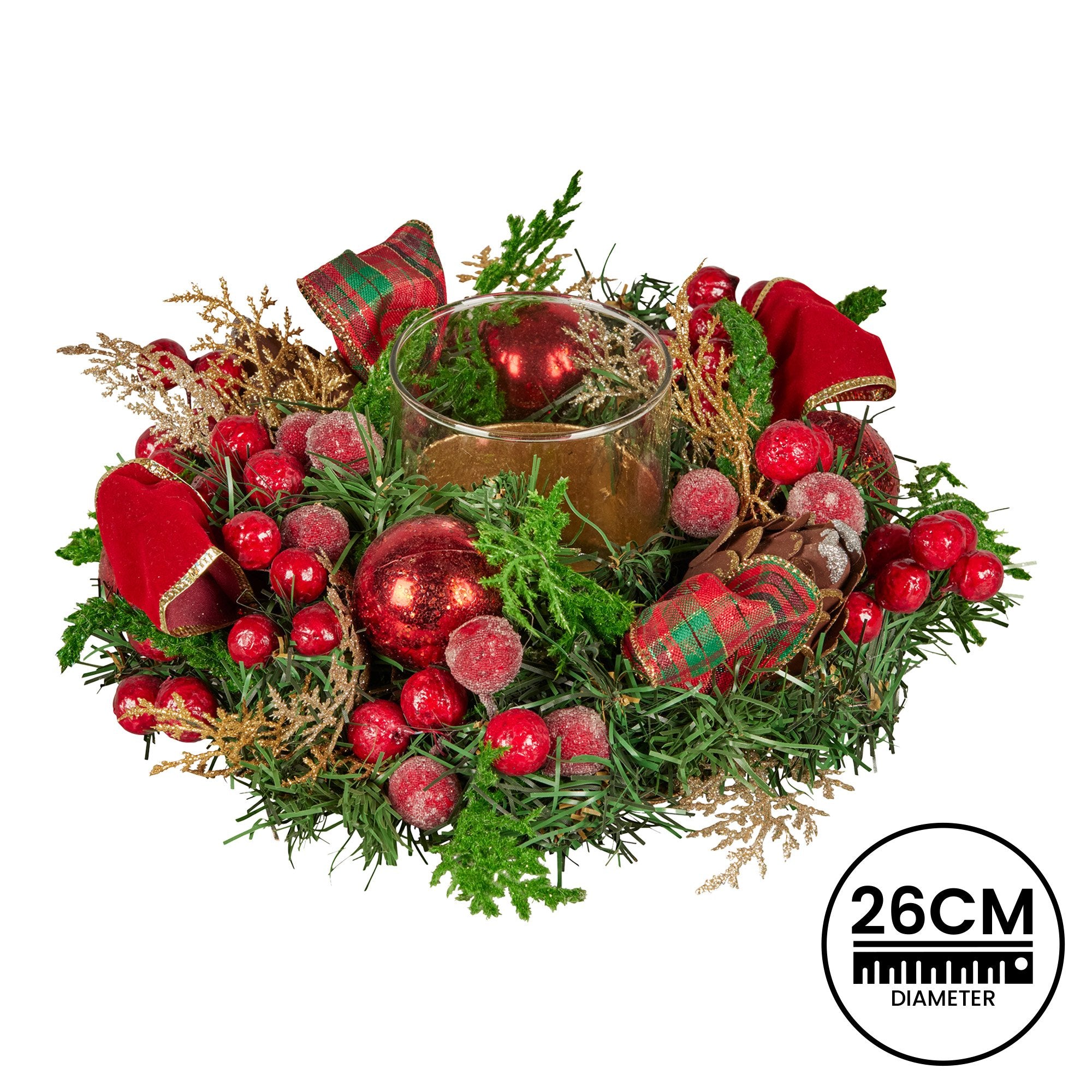 26cm Christmas Centrepiece Lush Green Holiday Display w/Red Berries & Hurricane Candle Holder Pre-decorated for Dining Table Console