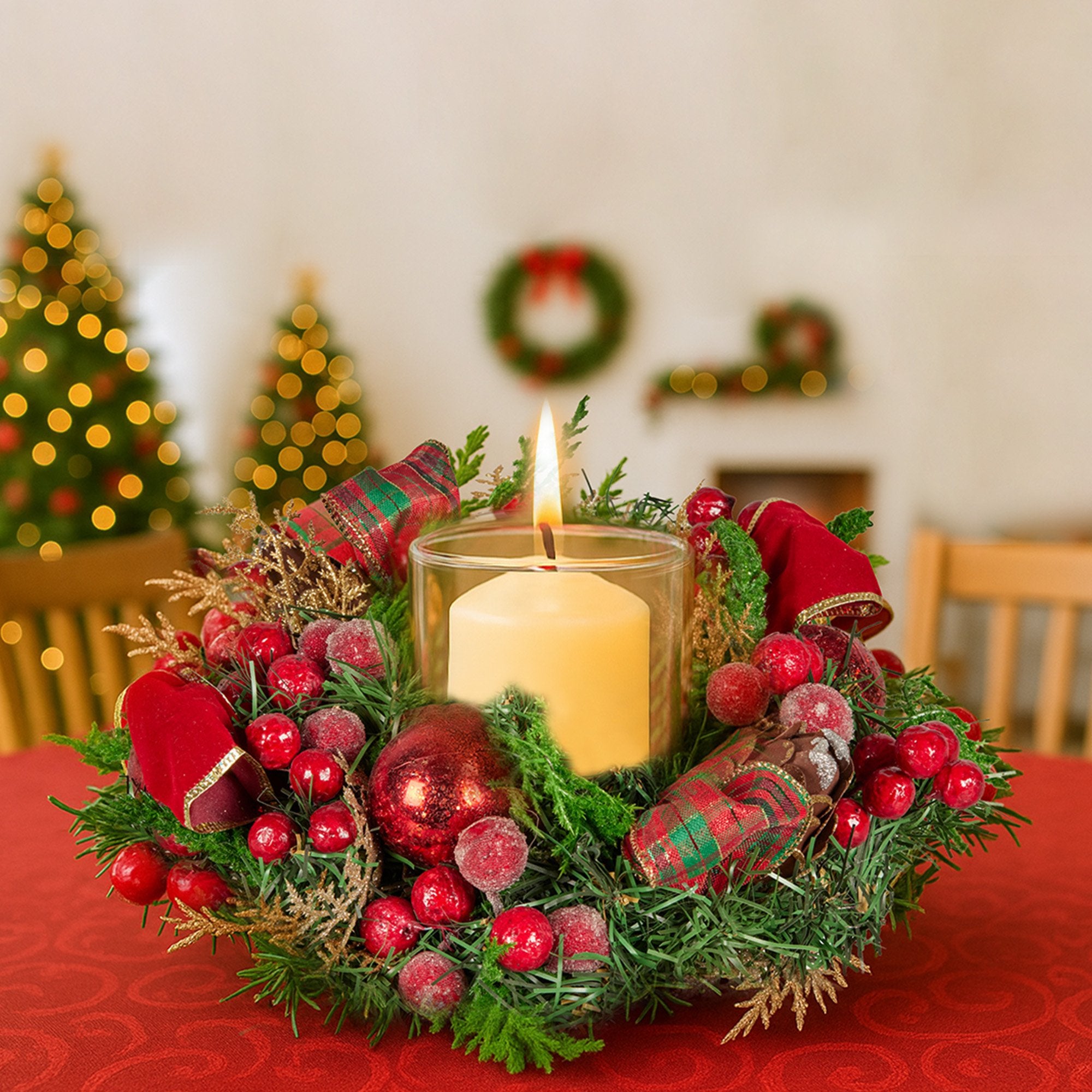 26cm Christmas Centrepiece Lush Green Holiday Display w/Red Berries & Hurricane Candle Holder Pre-decorated for Dining Table Console