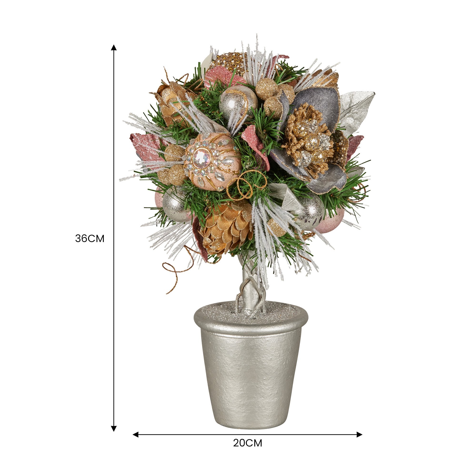 36cm Christmas Tabletop Topiary Tree Jewelled Baubles, Berries, Flowers and Pine Cones Festive Decoration