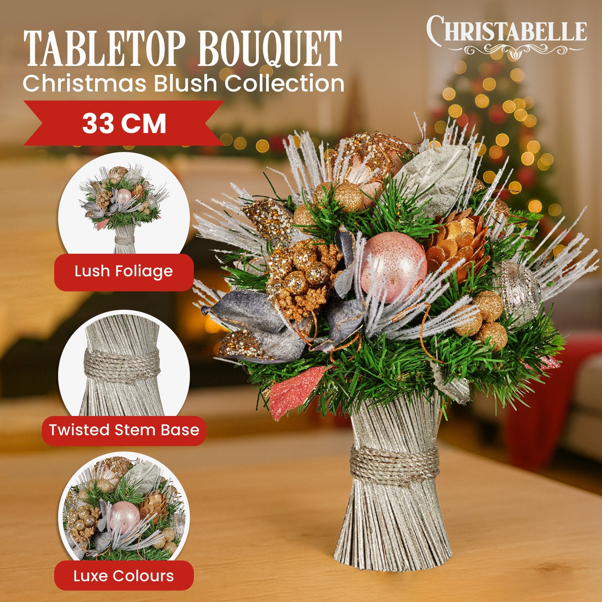 33cm Christmas Bouquet Pre Decorated Holiday Floral Arrangement w/Jewelled Baubles, Berries, Flowers & Pine