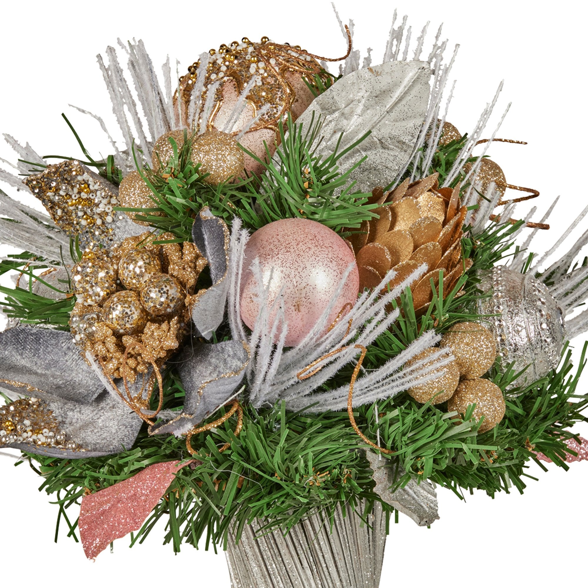 33cm Christmas Bouquet Pre Decorated Holiday Floral Arrangement w/Jewelled Baubles, Berries, Flowers & Pine