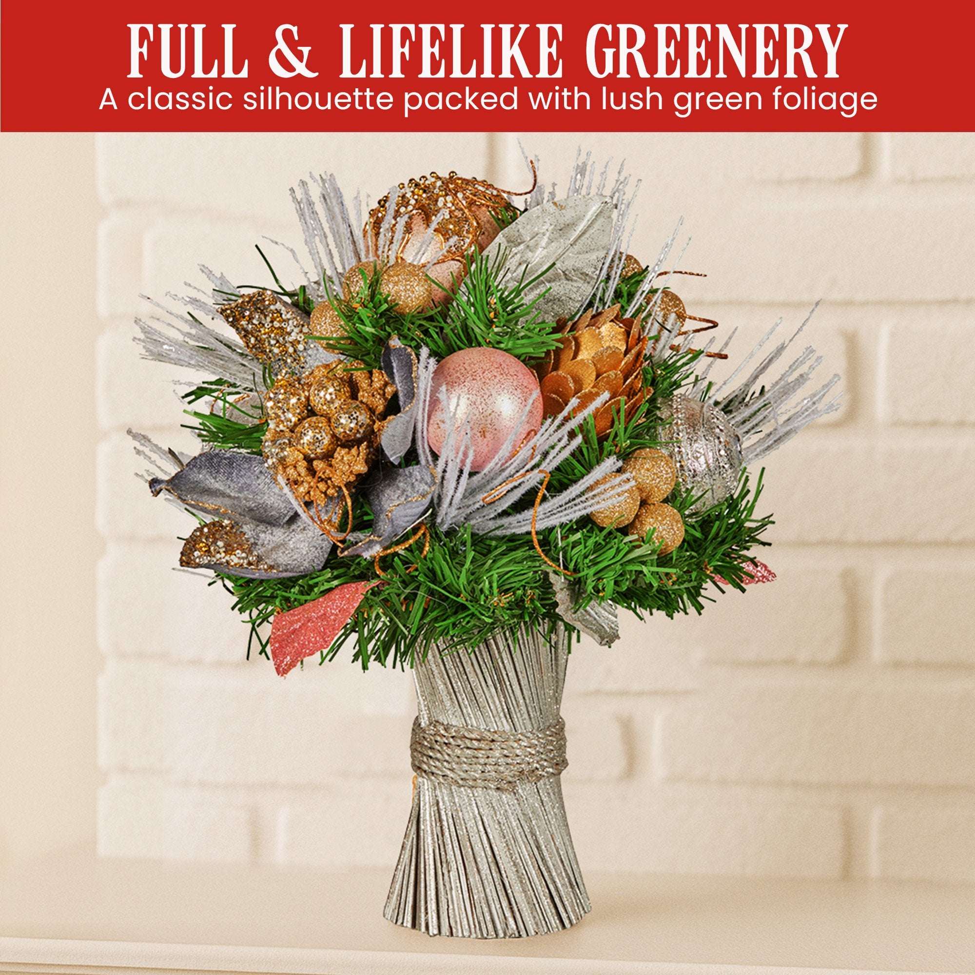 33cm Christmas Bouquet Pre Decorated Holiday Floral Arrangement w/Jewelled Baubles, Berries, Flowers & Pine