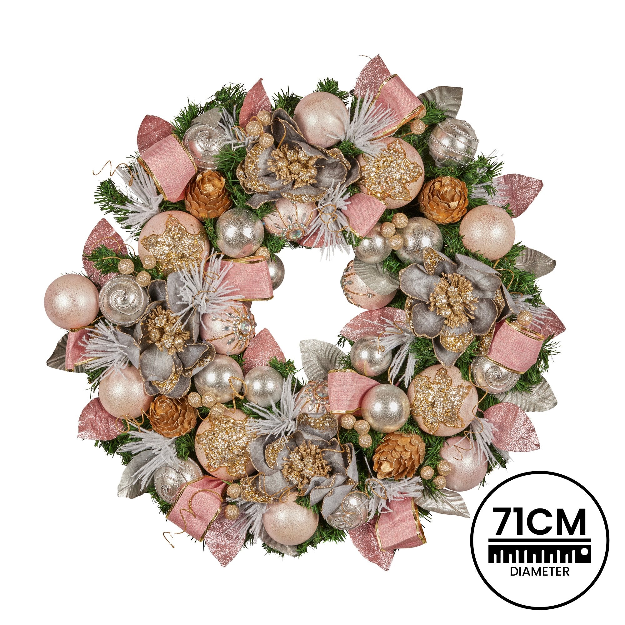 71cm Christmas Wreath Lush Green Holiday Door Wreath w/Jewelled Baubles, Foliage, Flowers, Ribbon & Berries